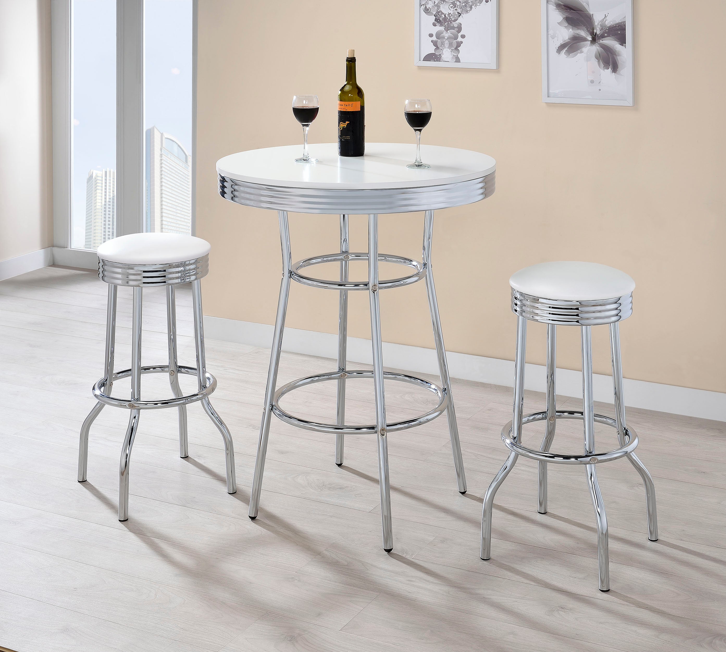 Retro 3-piece Round 1950s Bistro Pub Bar Table Set White-