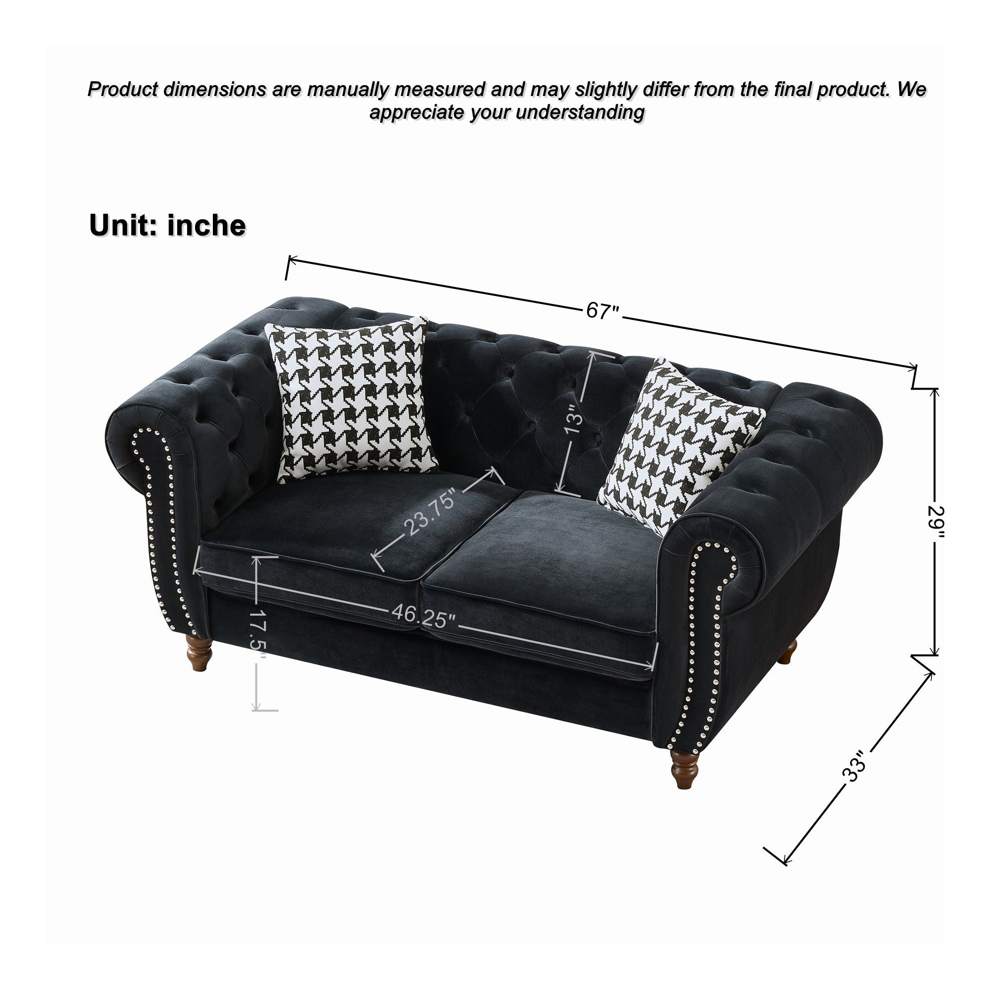 Chesterfield Velvet Upholstery Fabric Loveseat With Roll Armrest And Nailhead