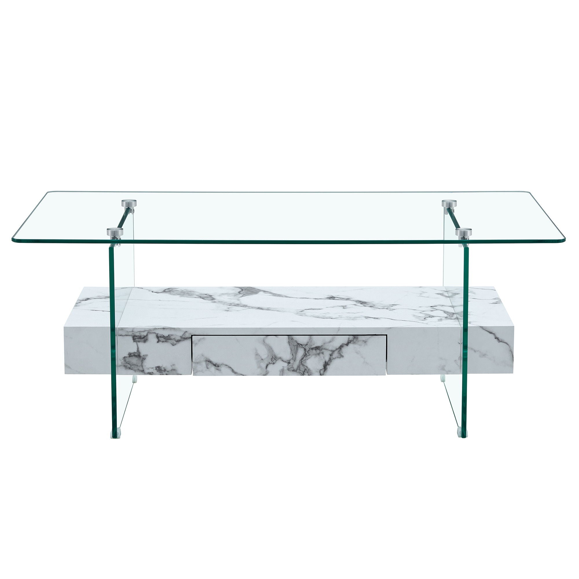 Modern 2 Tier Square Coffee Table, Elegant Marble Pattern