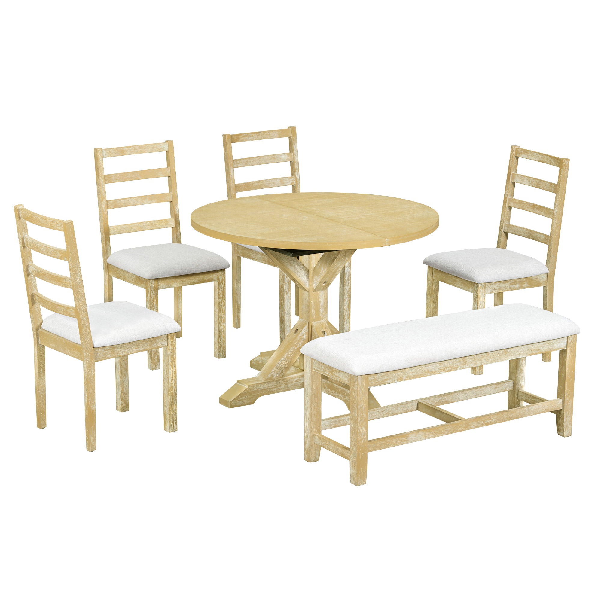 Topmax - 6 Piece Farmhouse Extendable Pedestal Dining Table Set With 18Inch Removable Leaf, Bench And 4 Ladder Back Dining Chairs - Best Buy Furniture