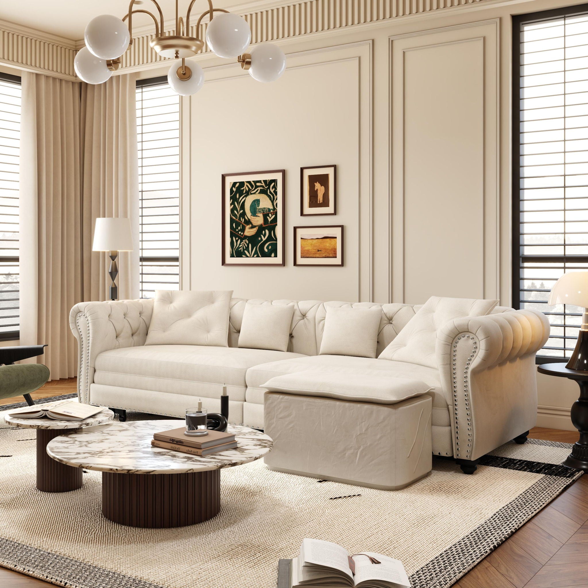 3 In 1 Pull Out Sofa Bed, Convertible Sleeper Sofa Bed, 3 Seater Sofa With Movable Ottoman - Beige