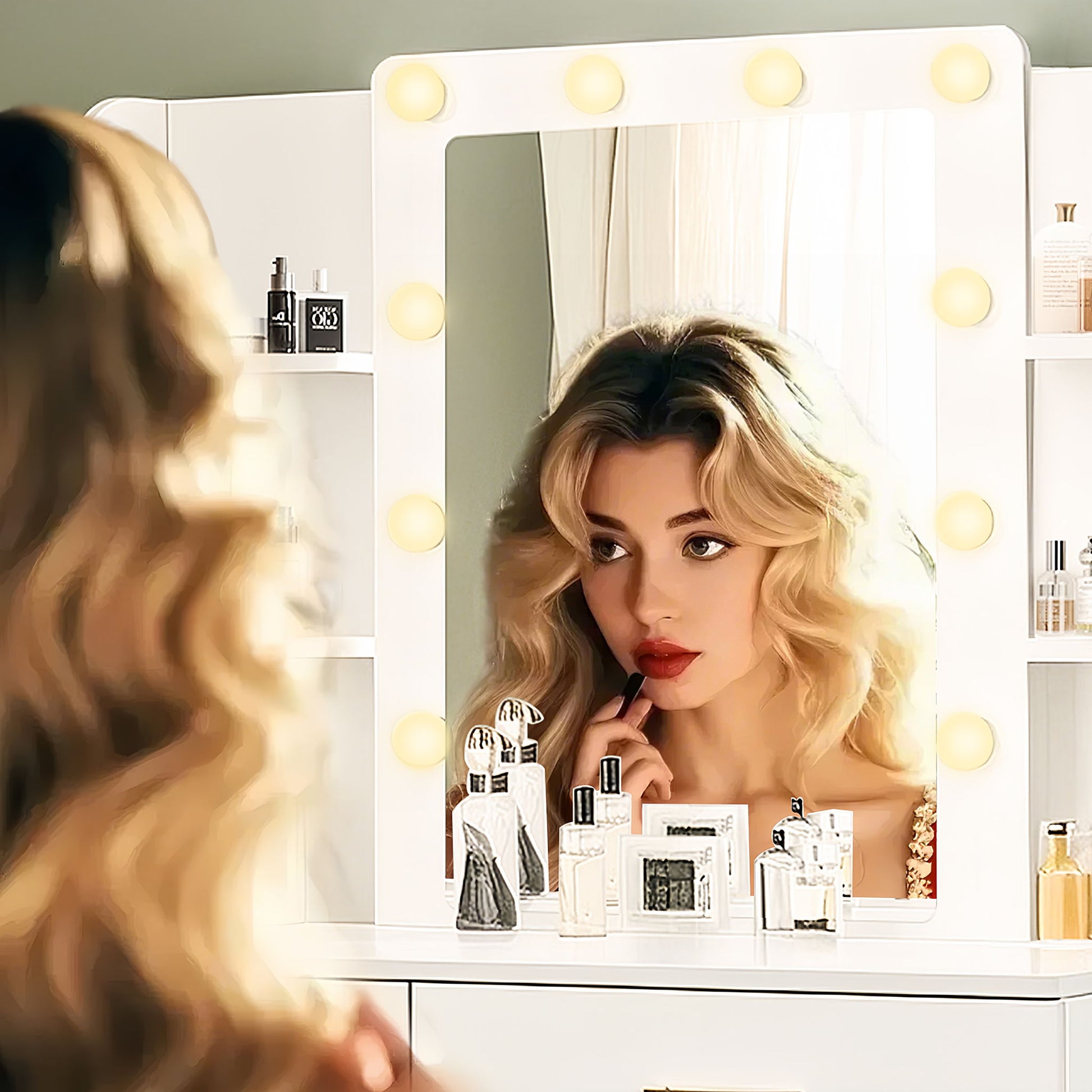 Vanity Desk Set With Mirror & Adjustable Lights Power Outlet And Hair Dryer Rack 2 Drawers And 6 Shelves Includes Cushioned Stool - White - Best Buy Furniture