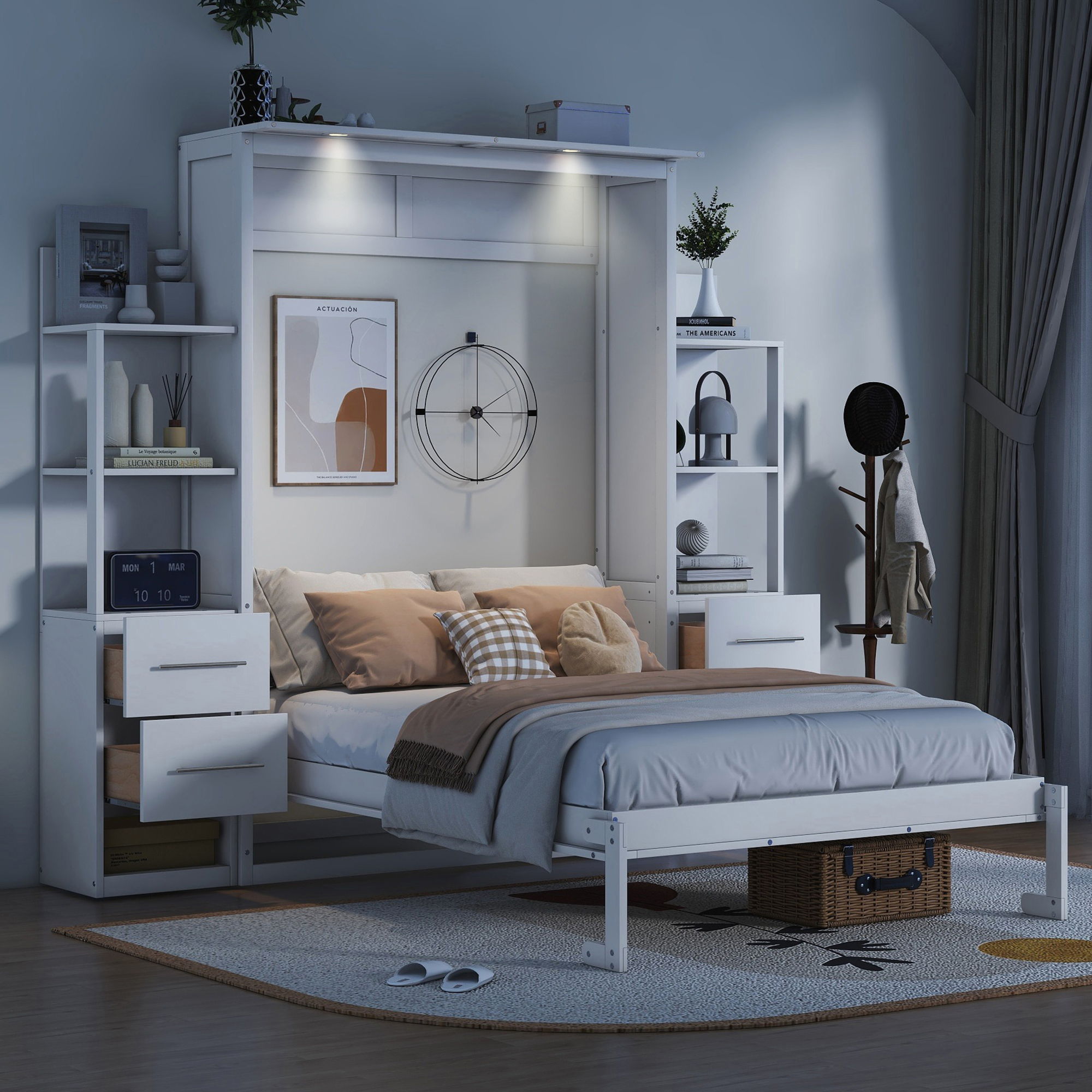 Murphy Wall Bed With LED Lights, Shelves And Drawers