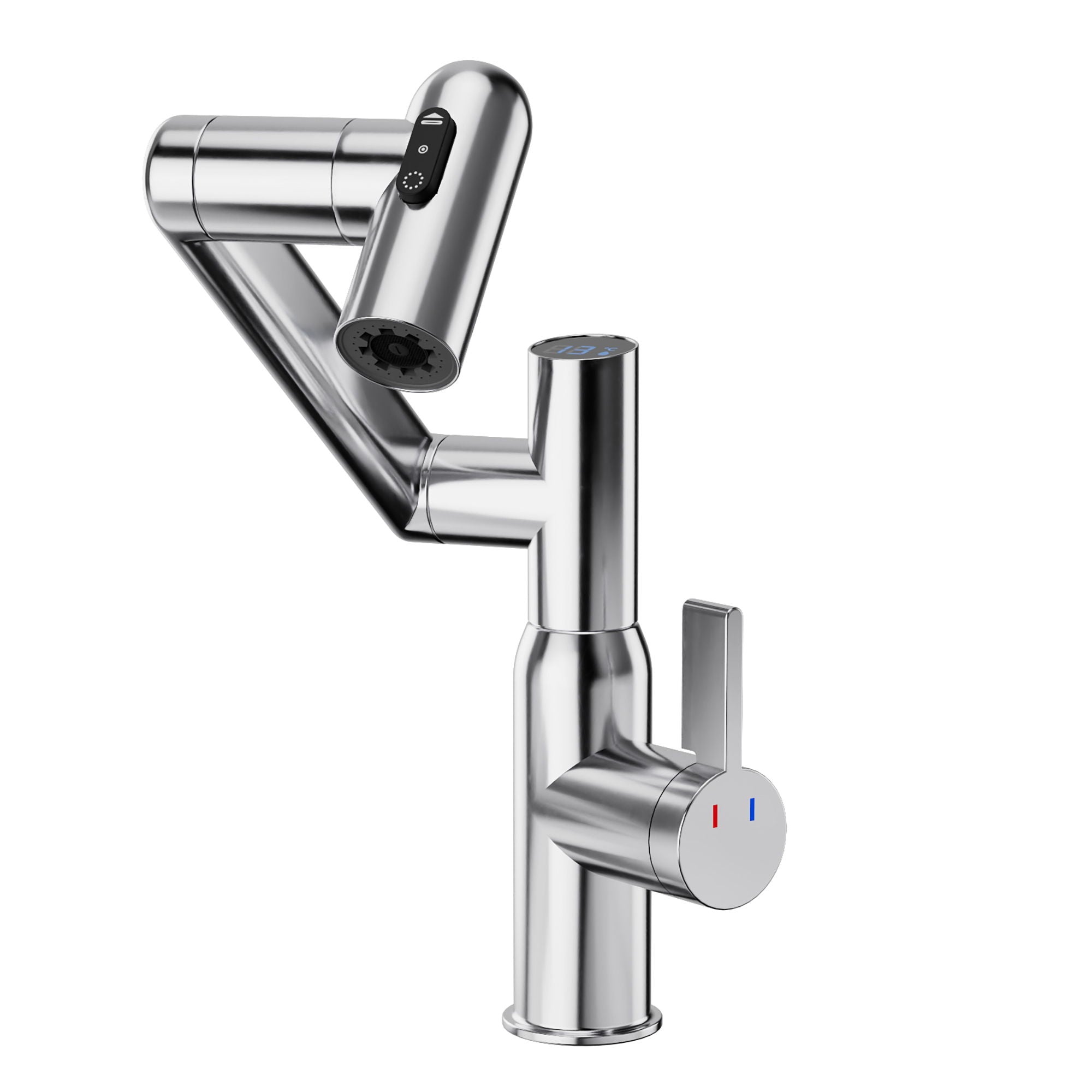 Bathroom Sink Faucet With Spray Function And Temperature Display, Anti Skid Switch, 360 Degree Rotary, Brass Material - Chrome
