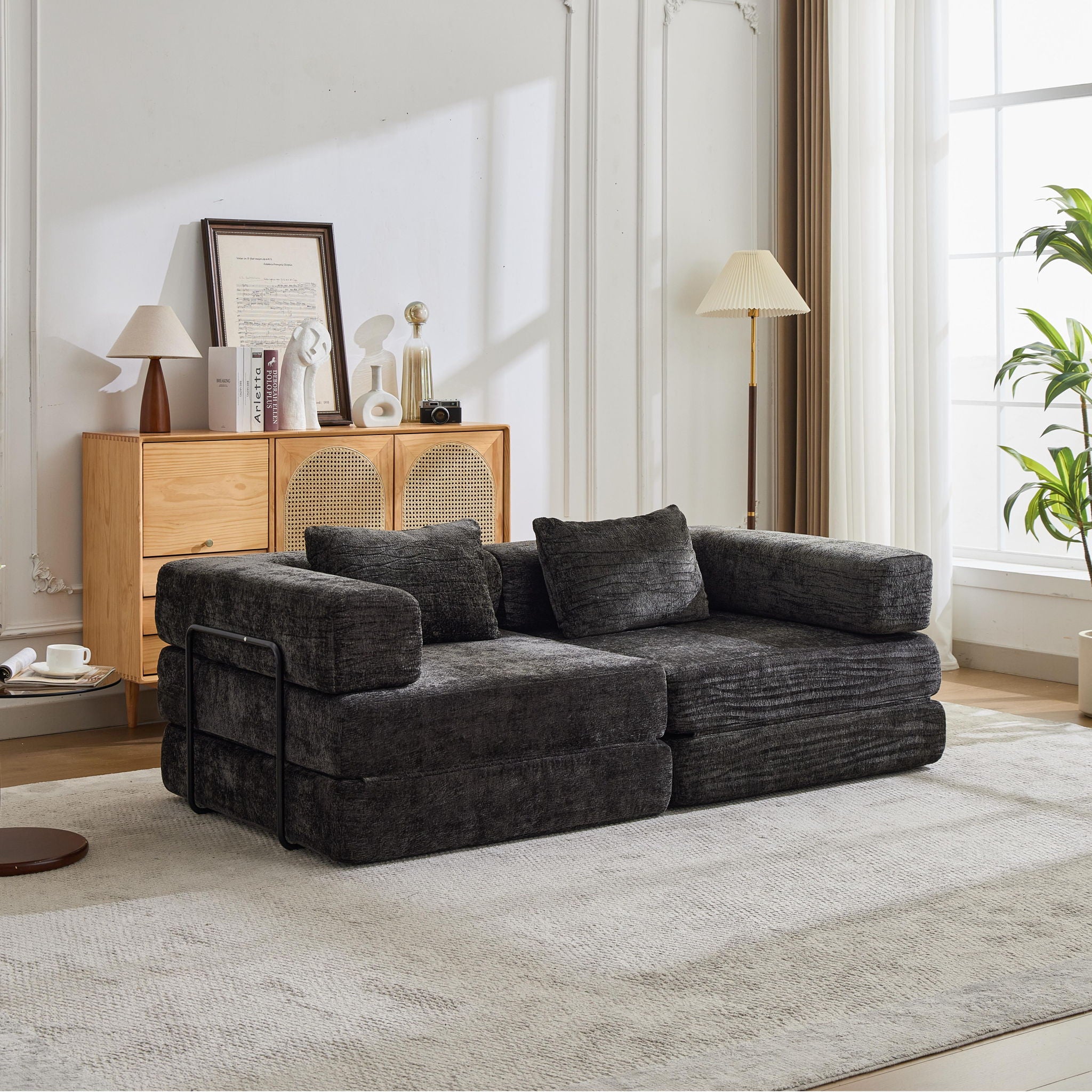 Convertible Floor Sofa Bed With Fixed Shape Frame, Loveseats Boneless Modular Sectional, For Living Room - Black