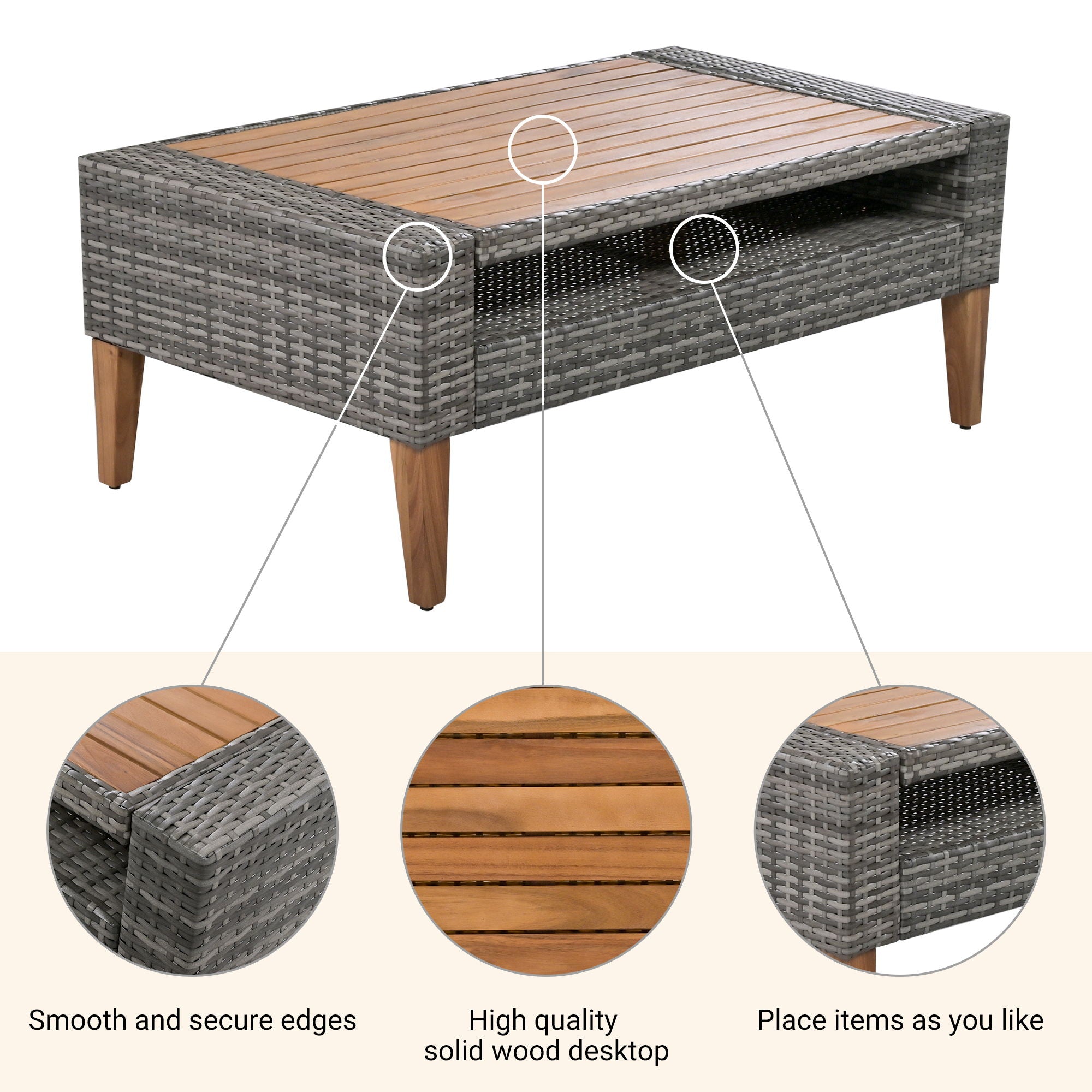6 Pieces All Weather Sofa Set, Outdoor Rattan Sofa With Double Cushions