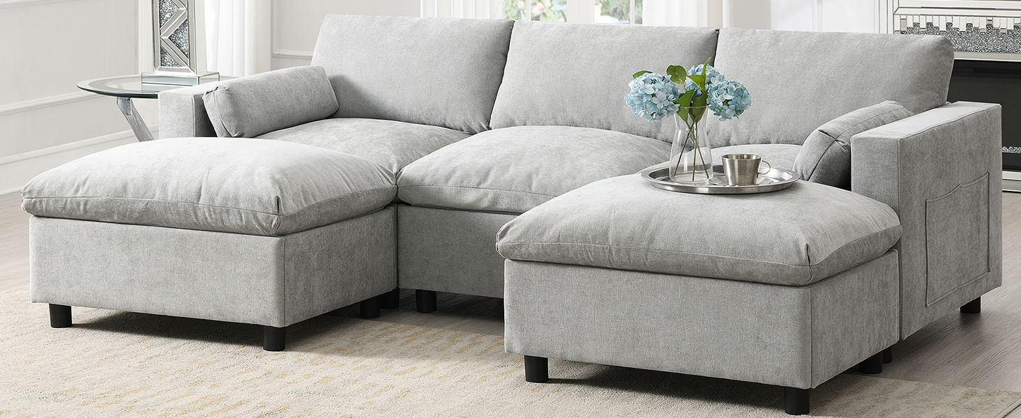 Modular Sectional With Storage Pockets, 5 Seat U Shaped Couch Set With Pillows, Free Combination Modern Cloud Sofa With 2 Movable Ottoman