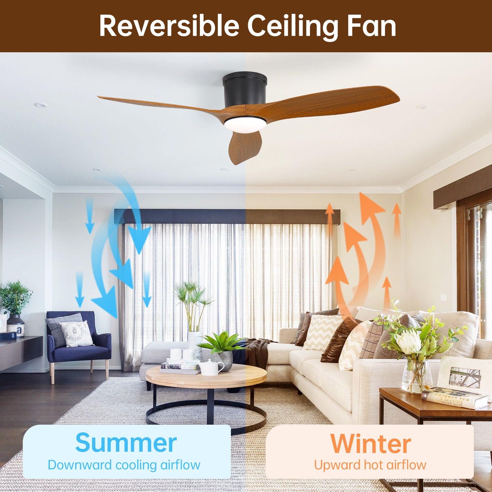 Smart Ceiling Fan With Remote Control, 3 Blades, Dimmable LED Light, Reversible DC Motor - Black