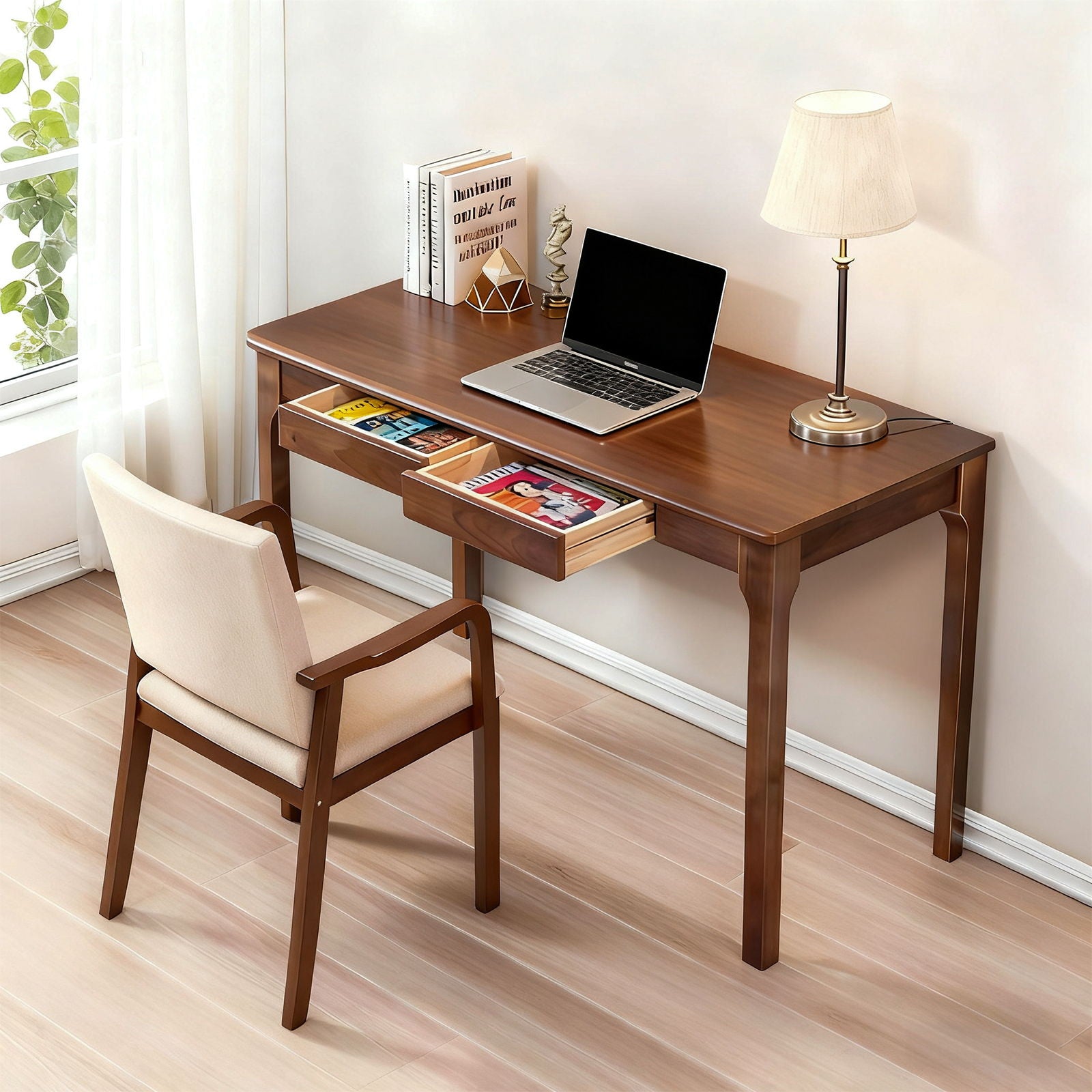 Desk With Drawers, Smooth Edge Design - Walnut