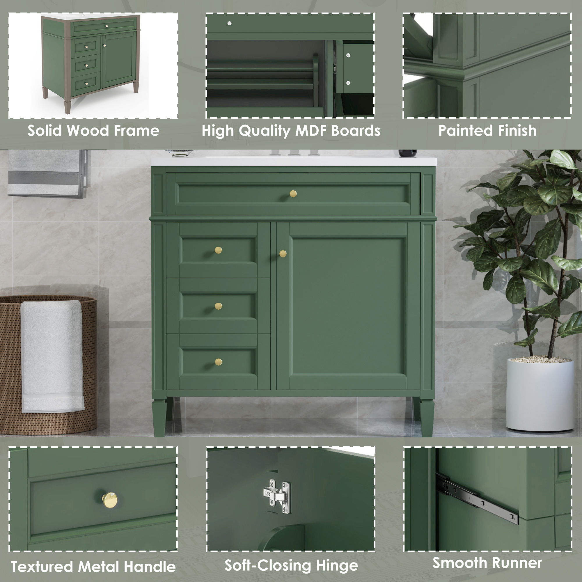 Bathroom Vanity With Top Sink, 2 Drawers And Tip Out Drawer, Rectangular Design