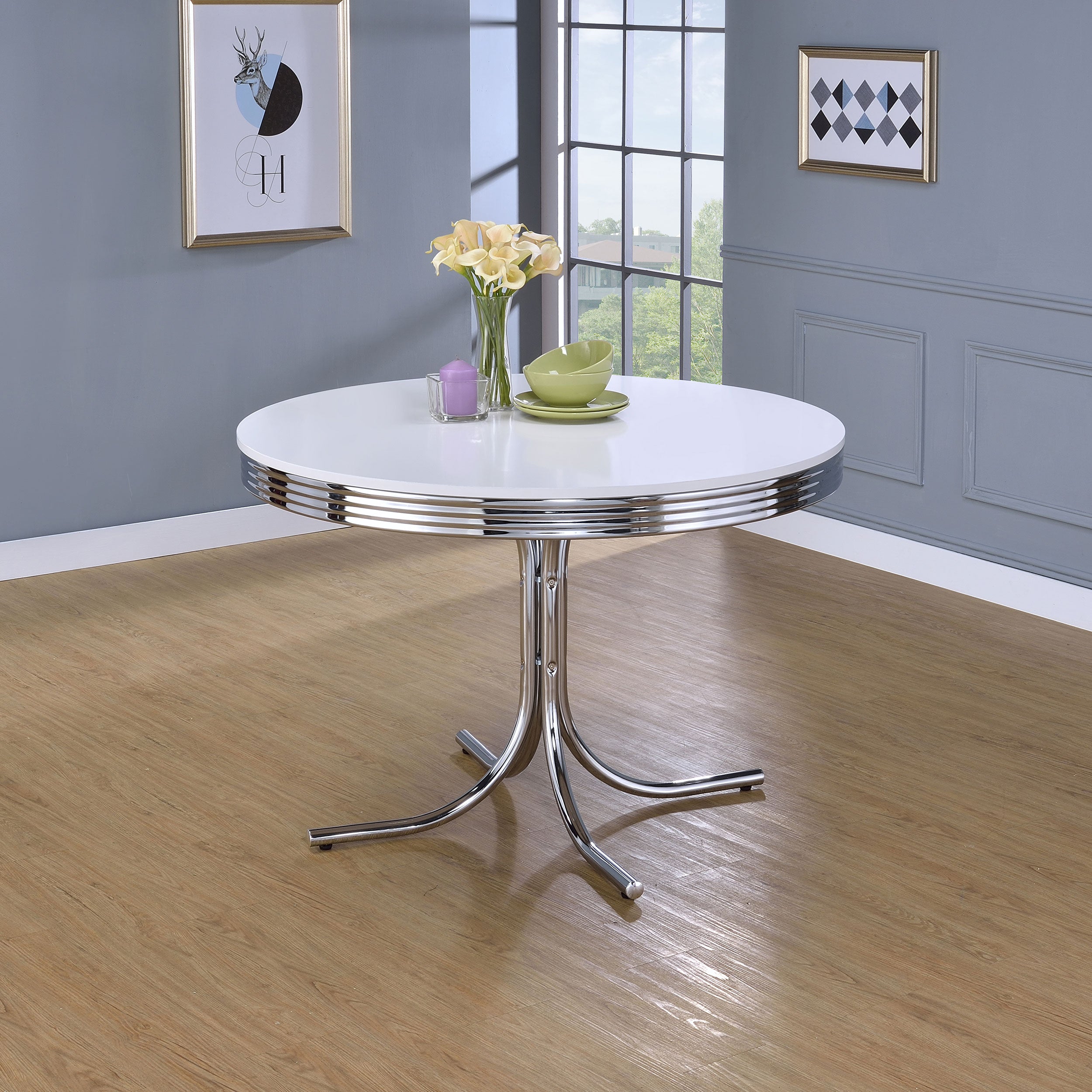 Retro Round 42-inch Wood Top Dining Table White and Chrome-CoasterEveryday
