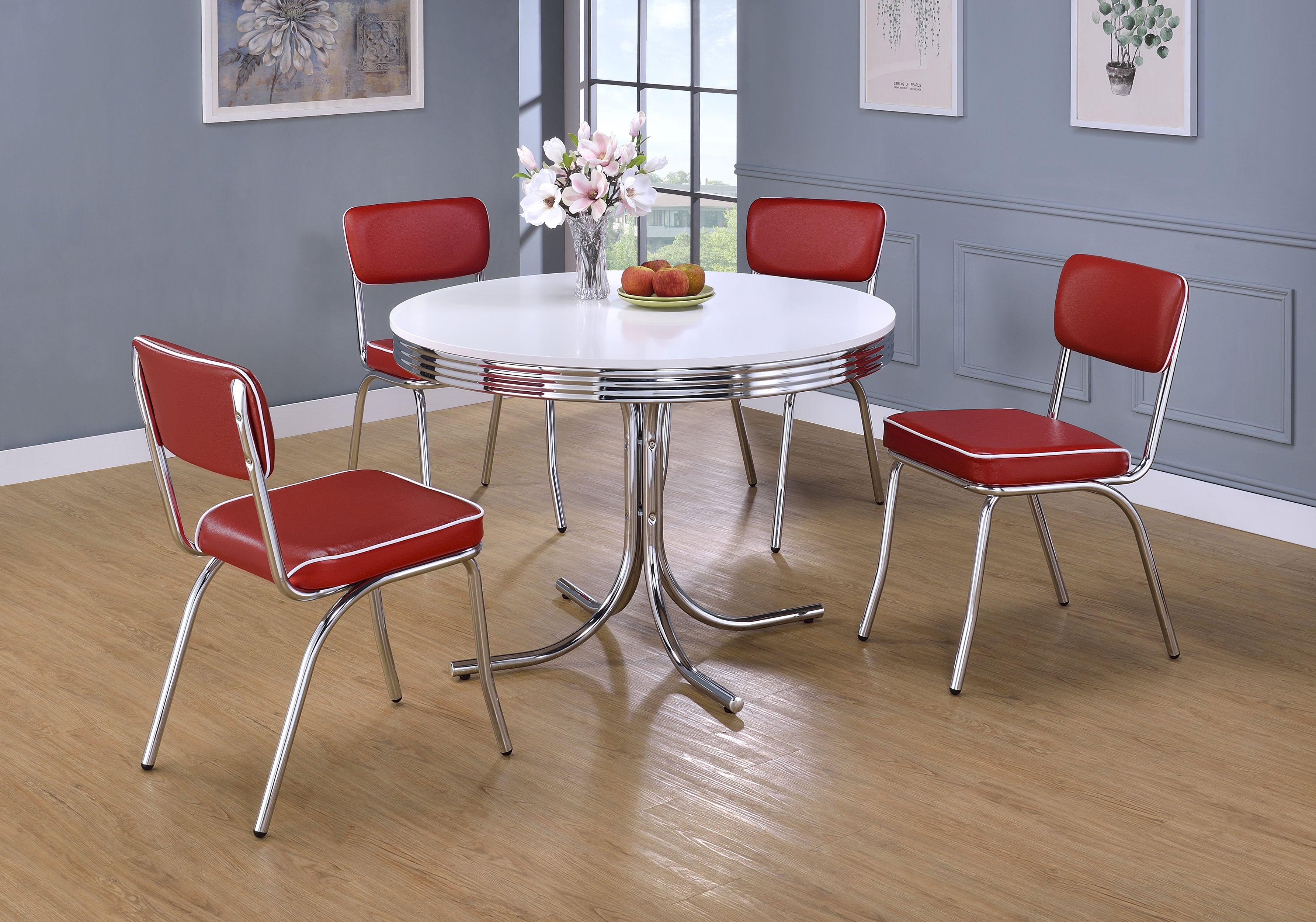 Retro Round 42-inch Wood Top Dining Table White and Chrome-CoasterEveryday