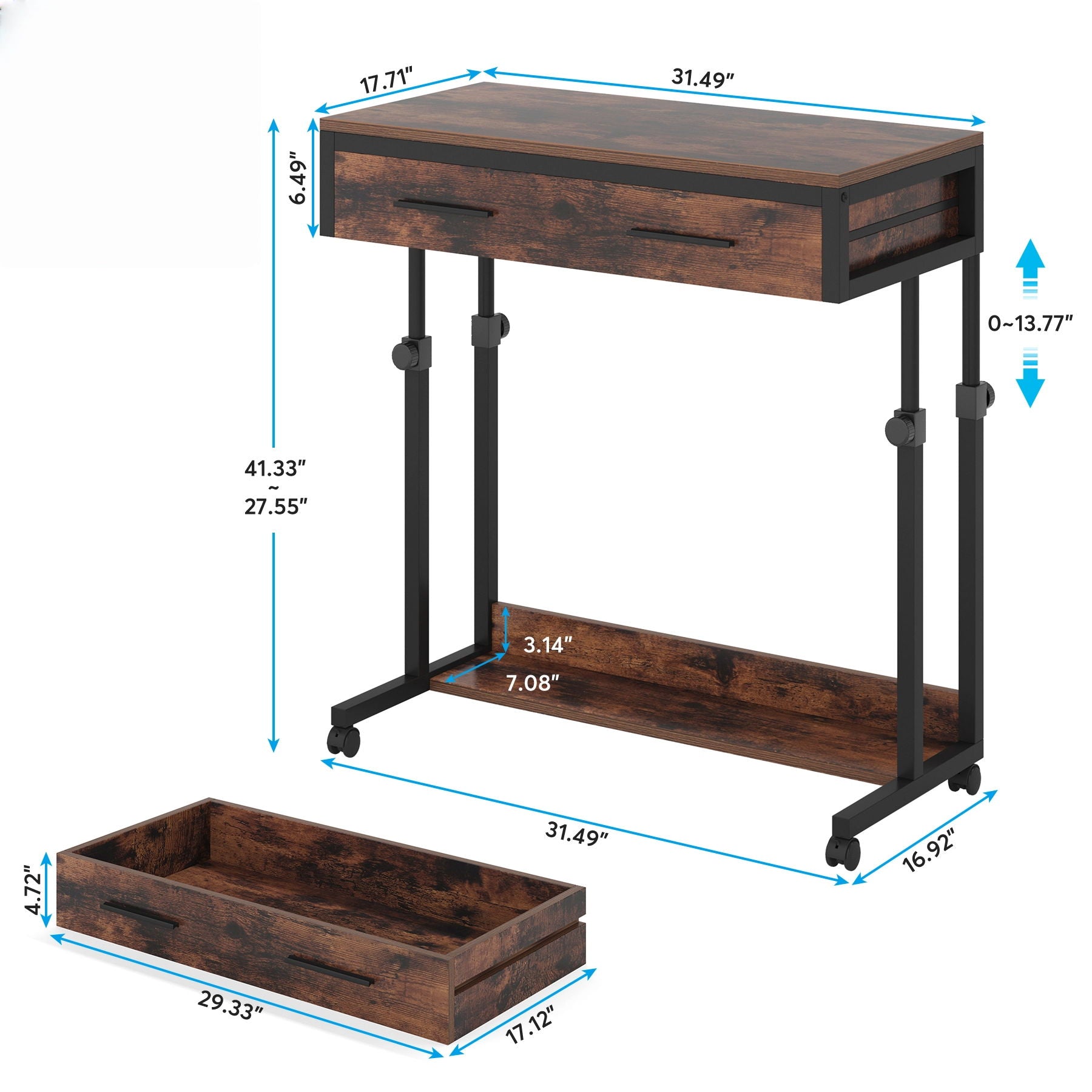 Portable Laptop Desk With Drawer & Wheels, Height Adjustable, Storage Shelf - Brown / Black