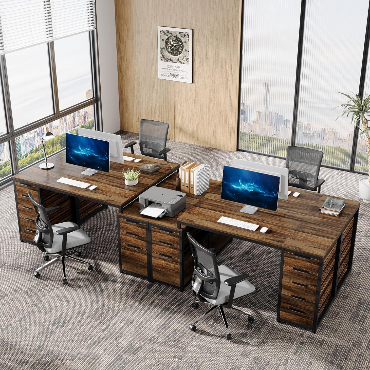 Computer Desk With 8 Drawers And Reversible File Cabinet, Workstation For Home Office - Brown / Black