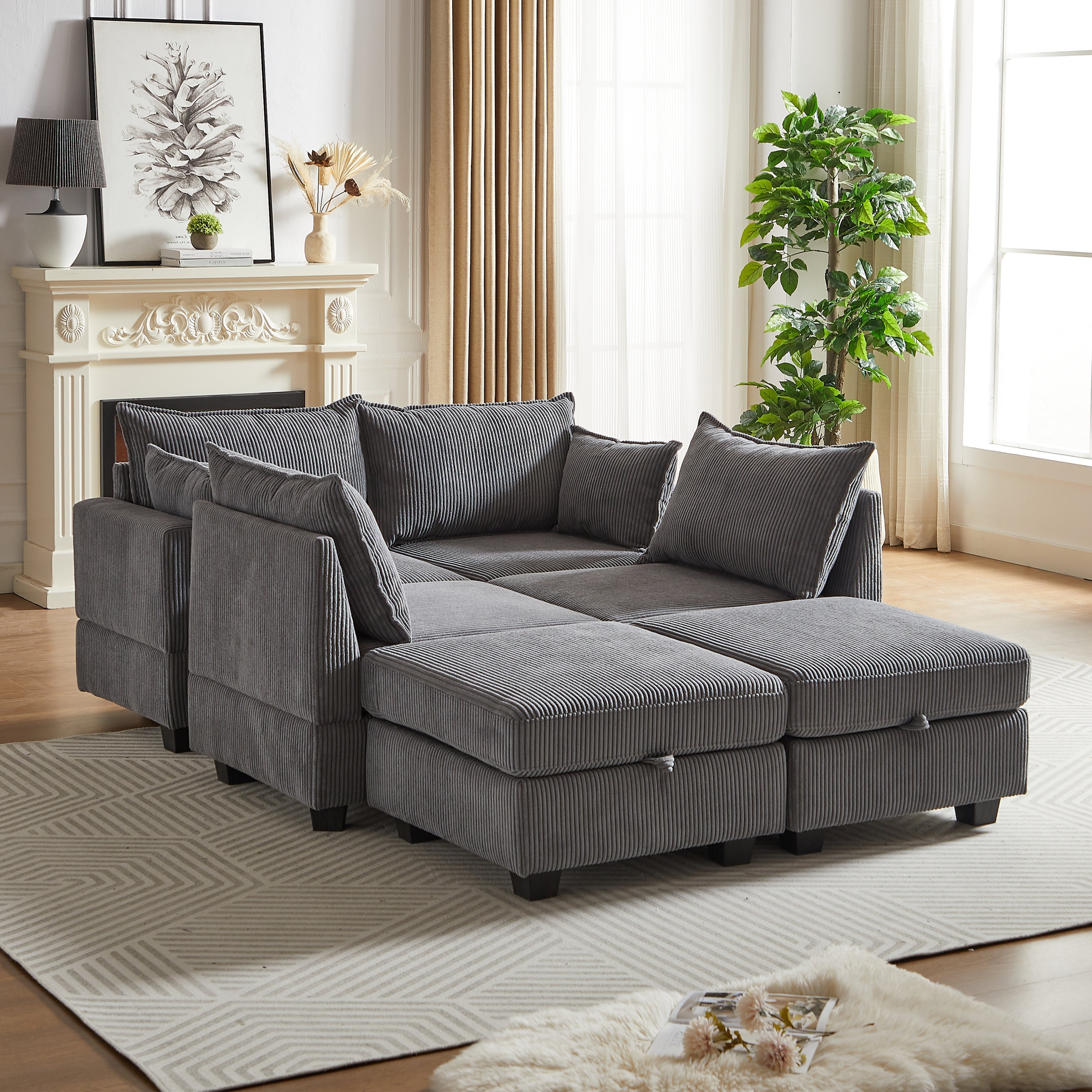 113.5'' Modular Sectional Corduroy Sofa with Storage Ottoman