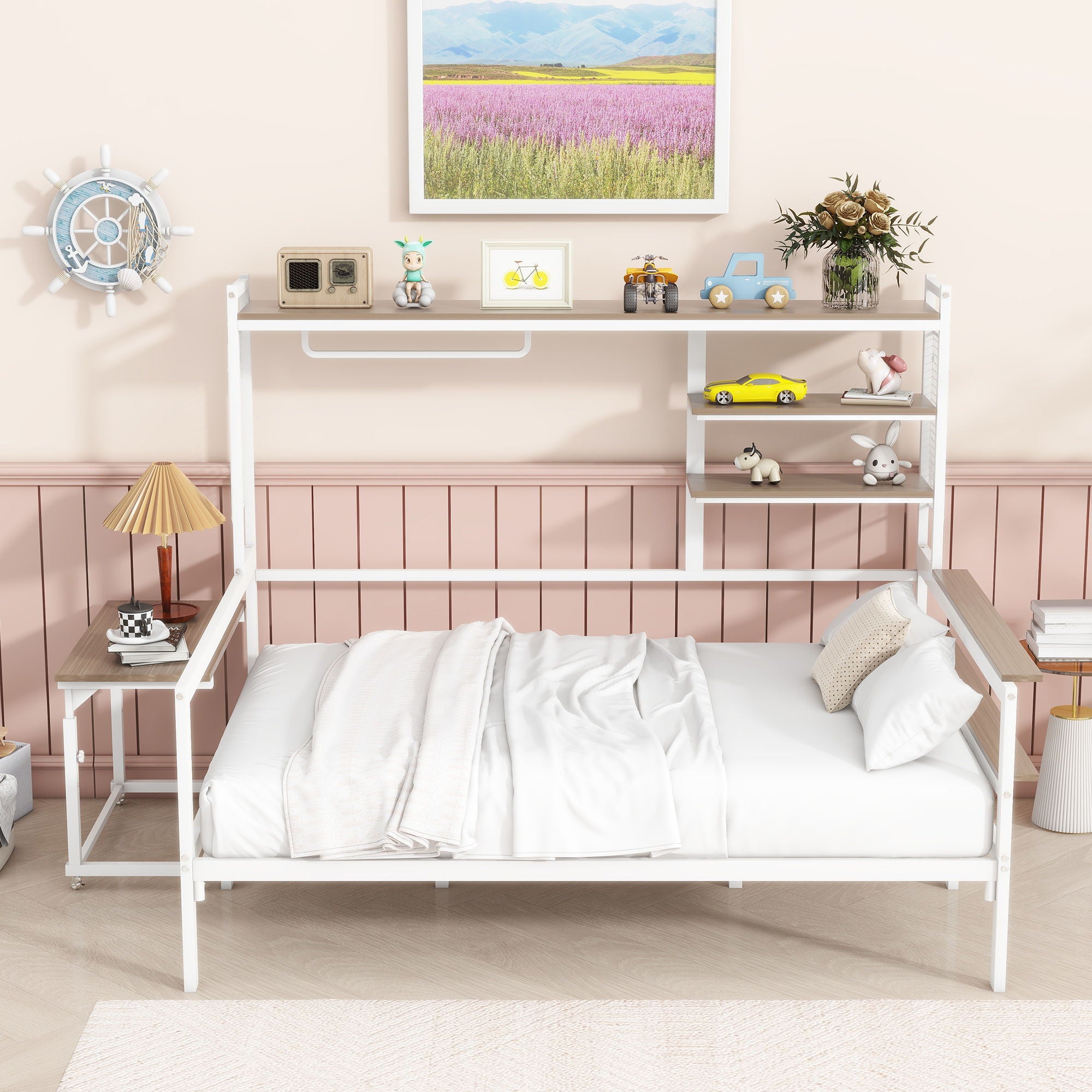 Daybed With Movable Desk, Grid, Shelves And Clothes Hanger