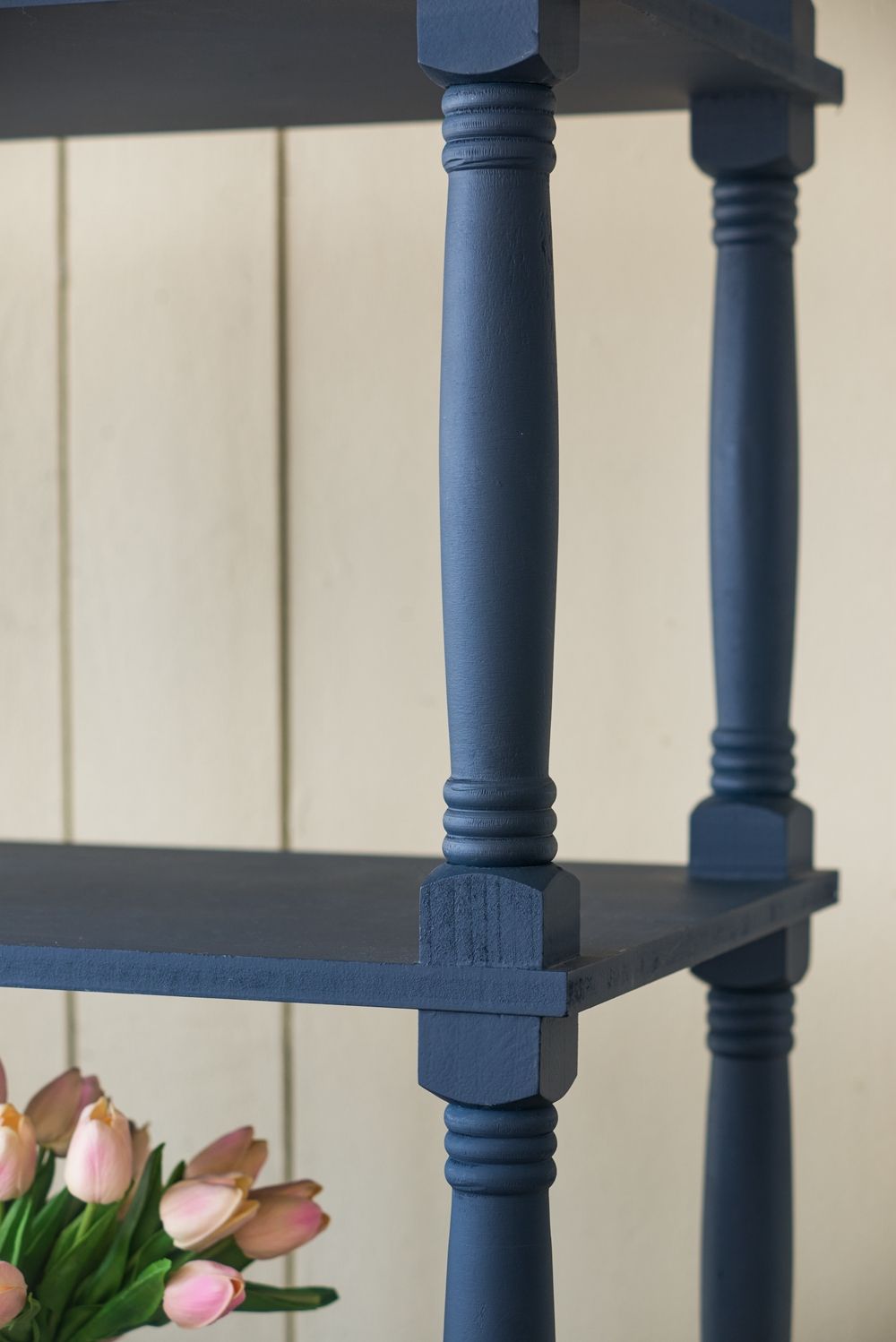 4 Tiered Wooden Shelf With Two Drawers, Farmhouse Wood Bookcase Display Storage Shelf Etageres - Antique Navy Blue