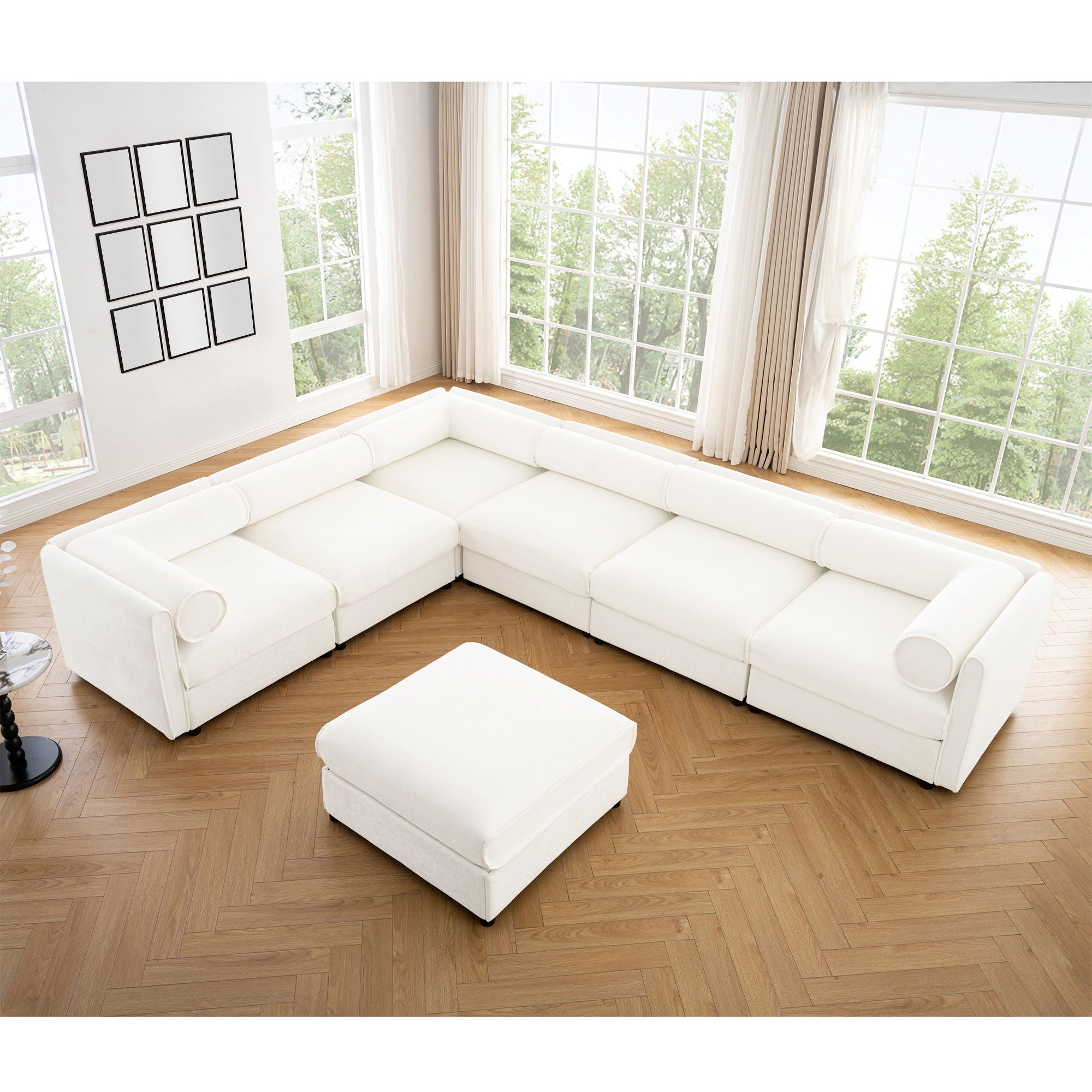 Contemporary Elegant White Chenille Sofa With Storage And Ottoman