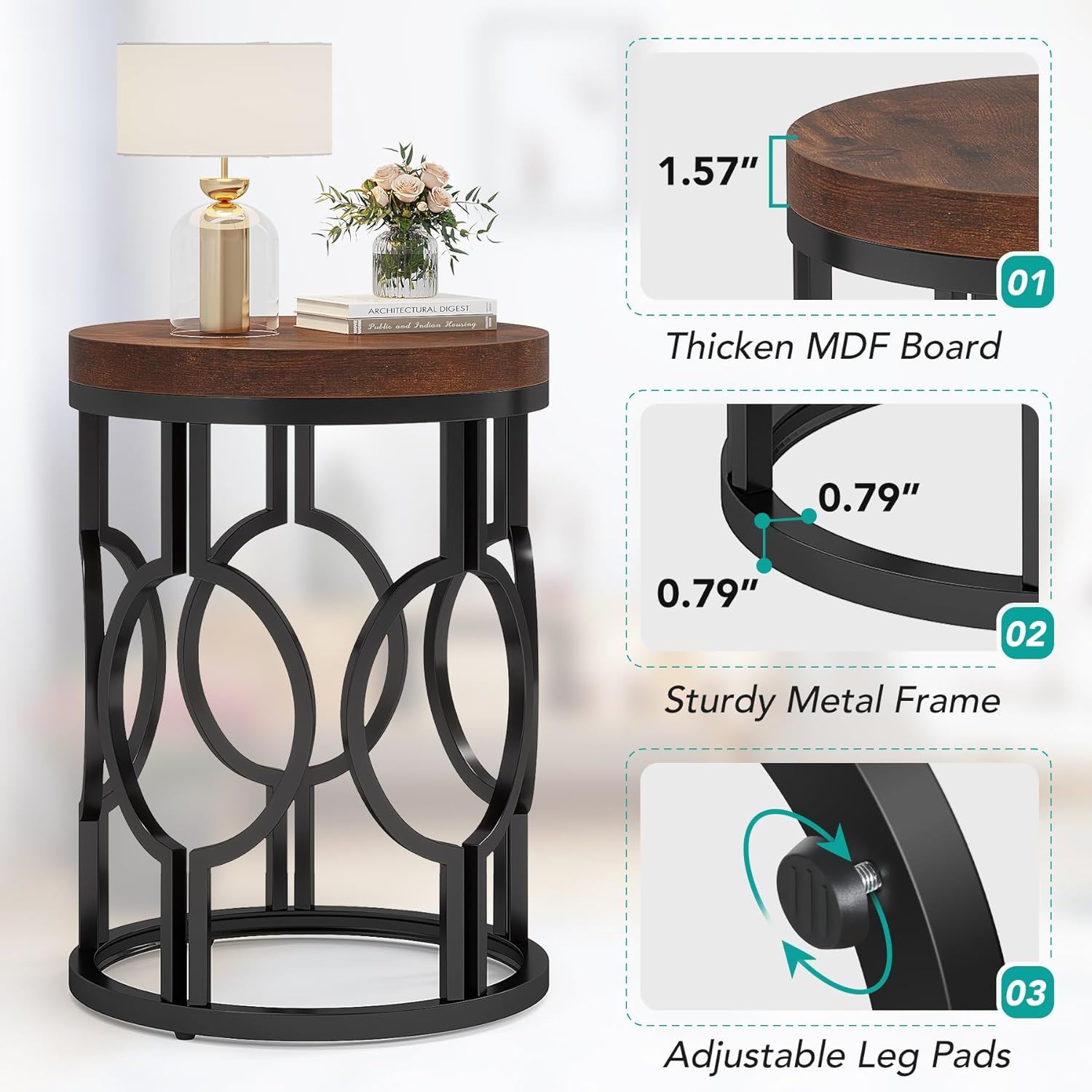 Round End Table Nightstand For Living - Brown / Black