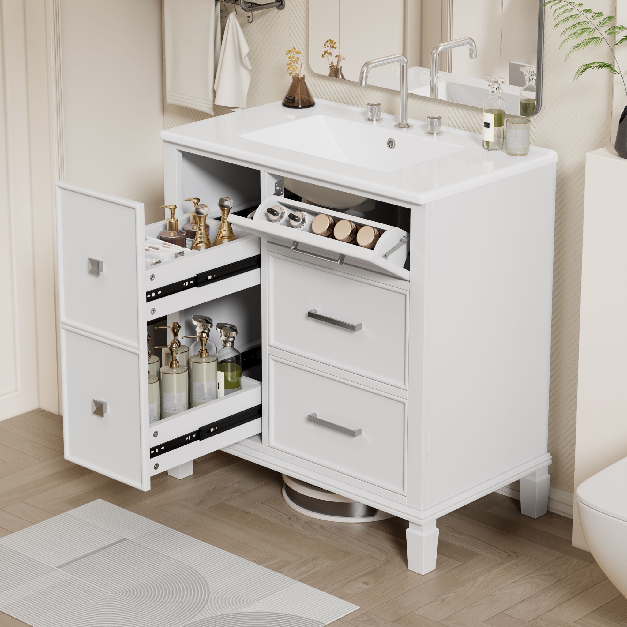 Bathroom Vanity With Ceramic Sink, Flip Out Drawer Design For Plumbing, Soft Close Drawers