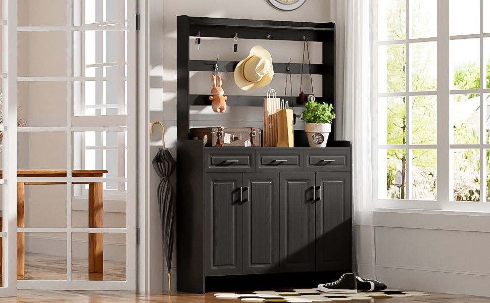 Minimalist 4 Door Shoe Cabinet With Coat Rack, 3 Drawers, 8 Shelves, Metal Hooks And Handles