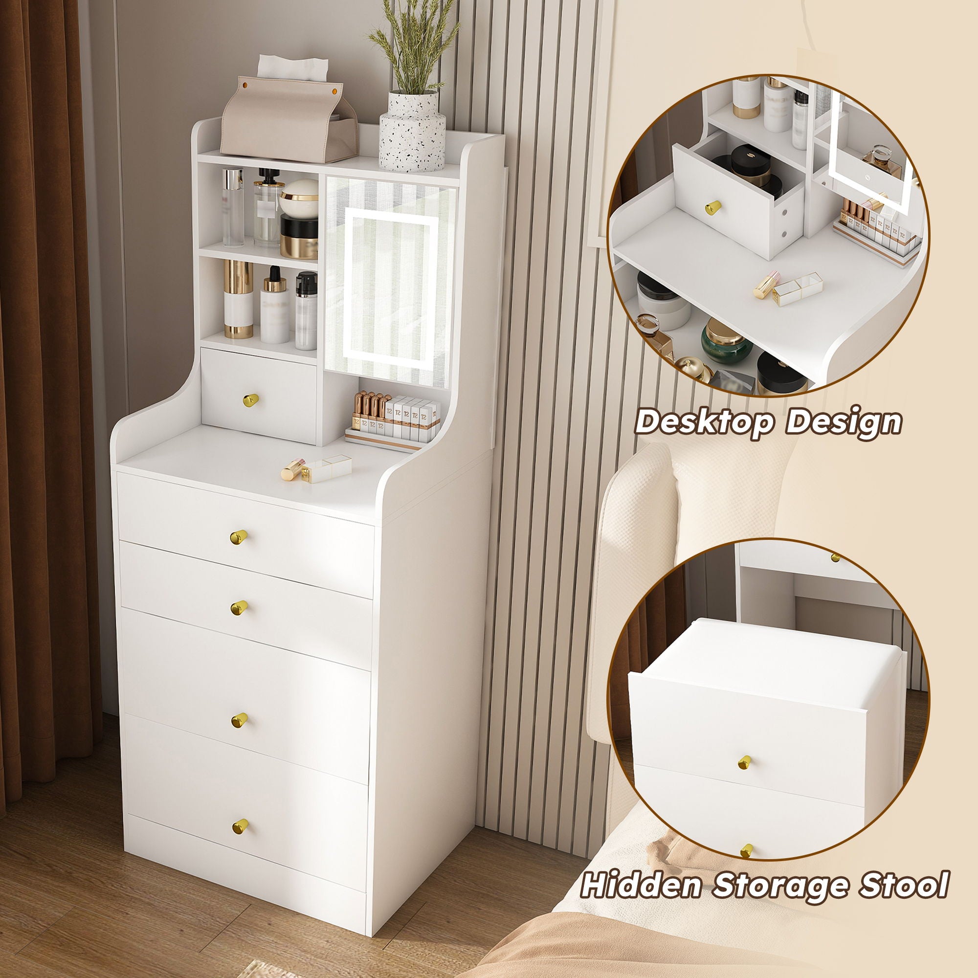 3 In 1 Dressing Table With LED Mirror & Storage Stool, Compact Makeup Vanity - White - Best Buy Furniture
