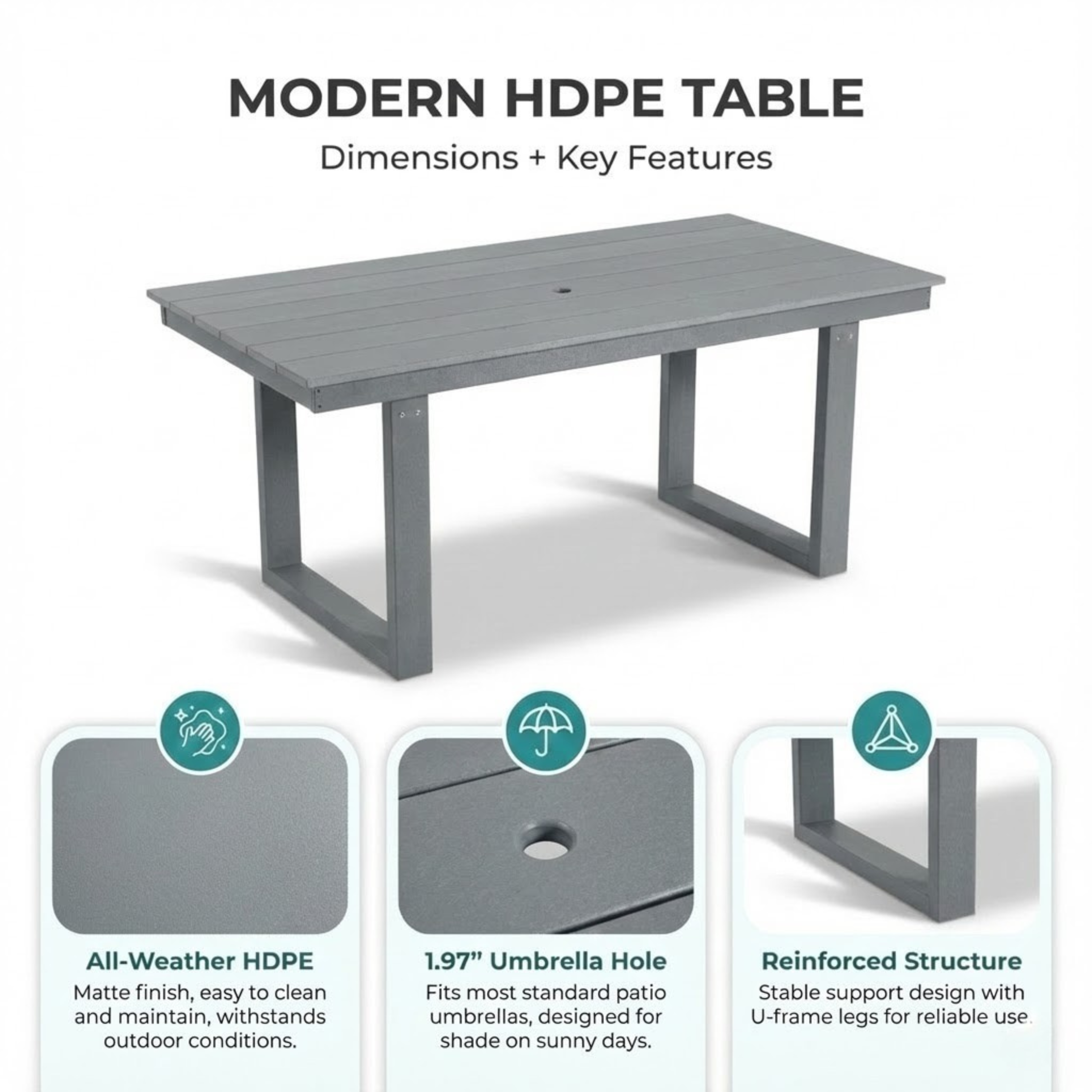 7-Piece HDPE Outdoor Dining Set for 6 – Weather-Resistant Patio Table with Umbrella Hole (Grey)