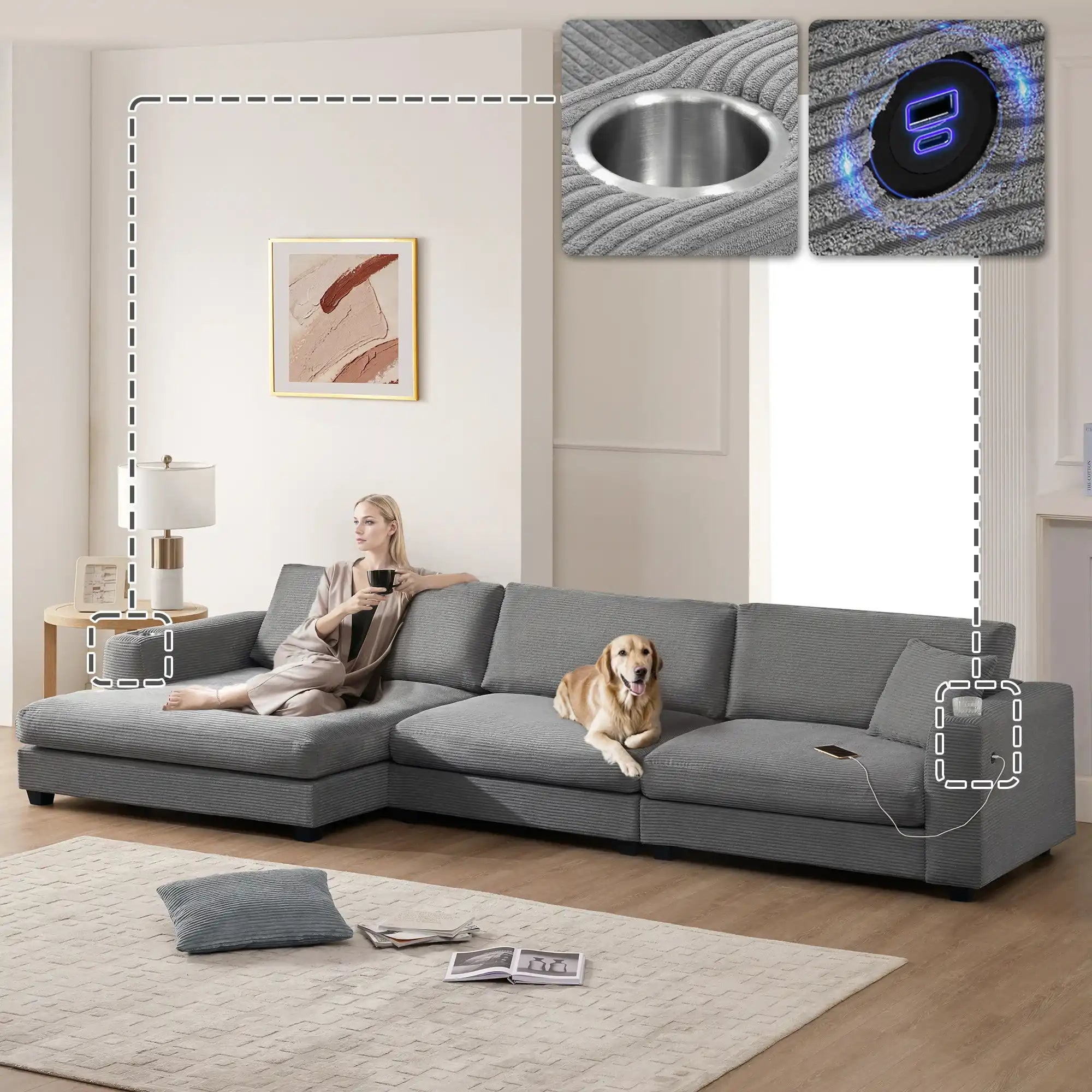 Oversized L-Shaped Corduroy Sectional Sofa with USB, Cup Holder, 3 Colors