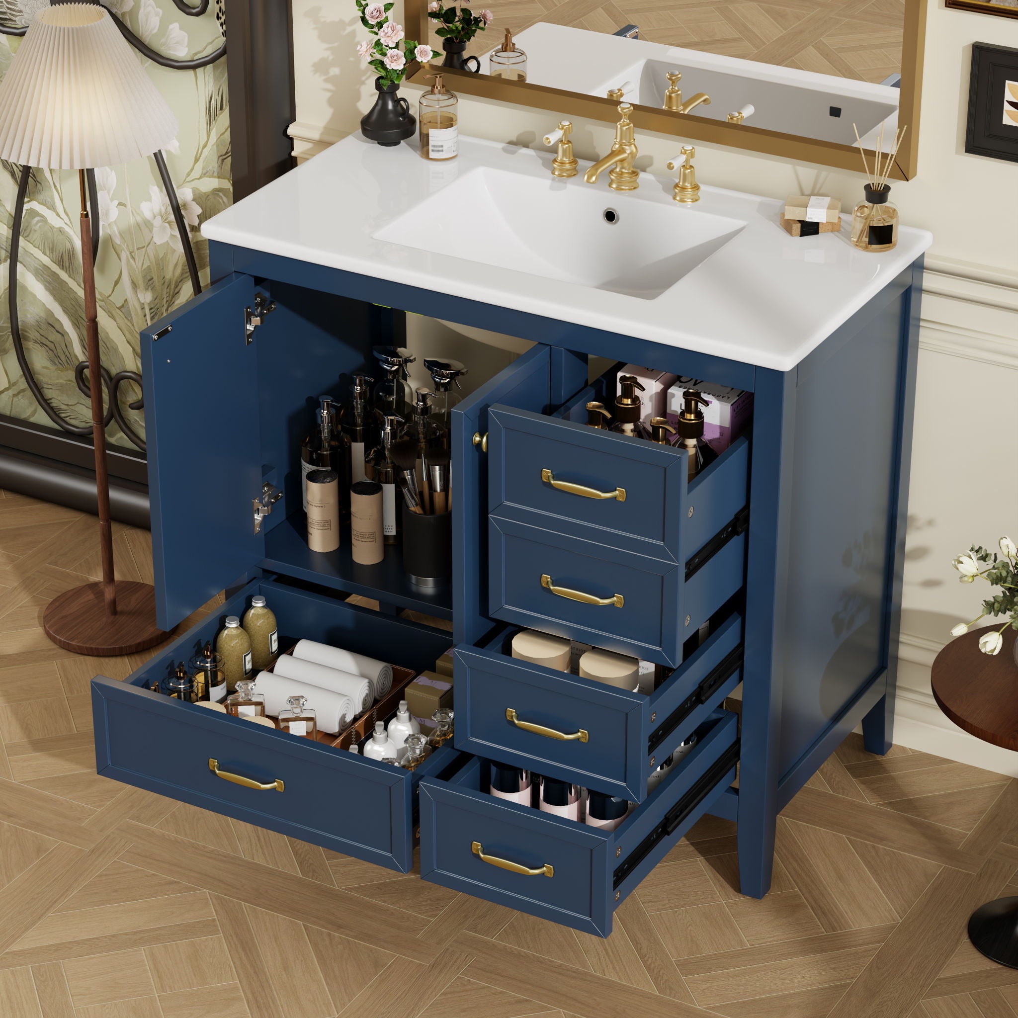 Elegant Vintage Bathroom Vanity & Sink And Soft Closing Door, 4 Drawers Of Different Sizes Frame