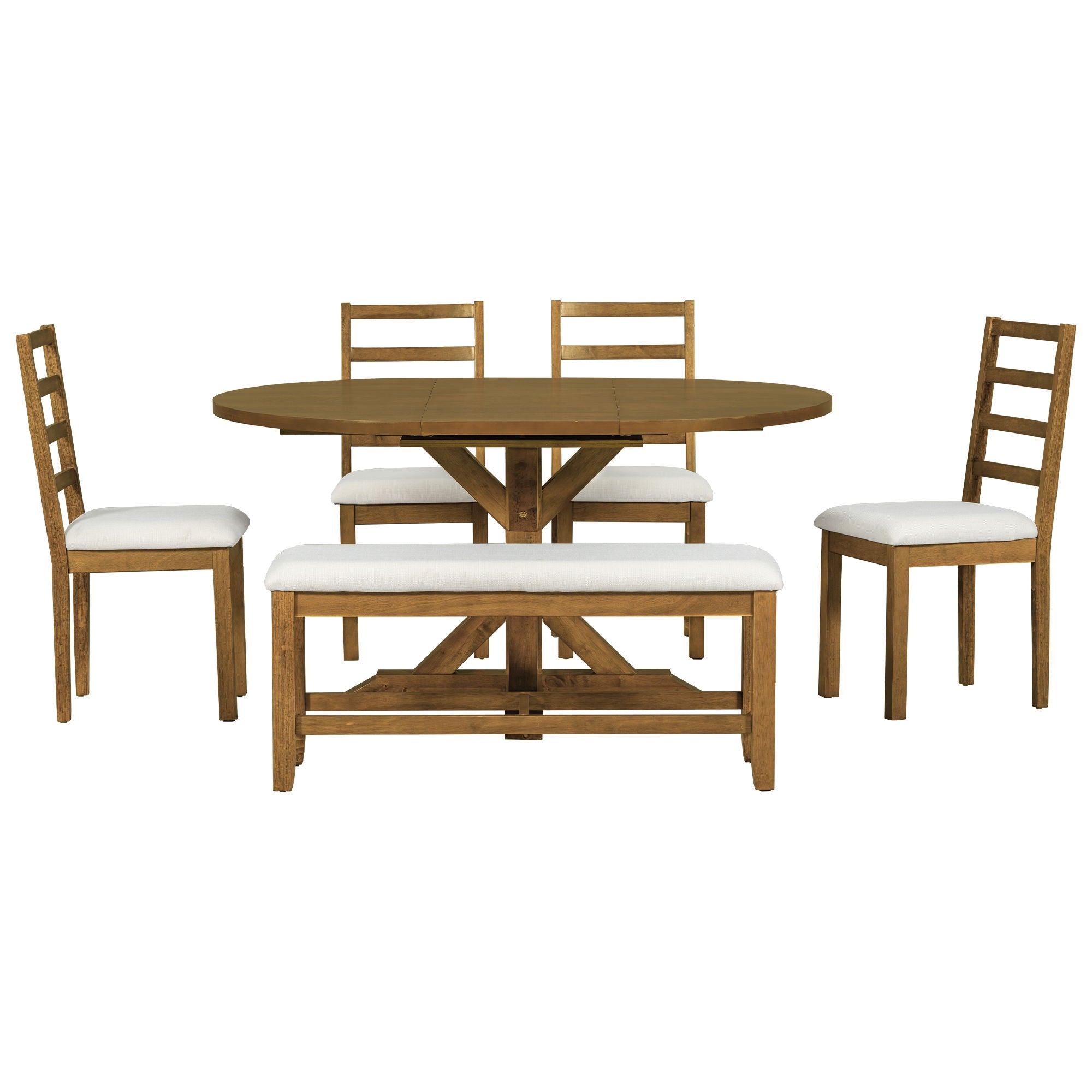 Topmax - 6 Piece Farmhouse Extendable Pedestal Dining Table Set With 18Inch Removable Leaf, Bench And 4 Ladder Back Dining Chairs - Best Buy Furniture