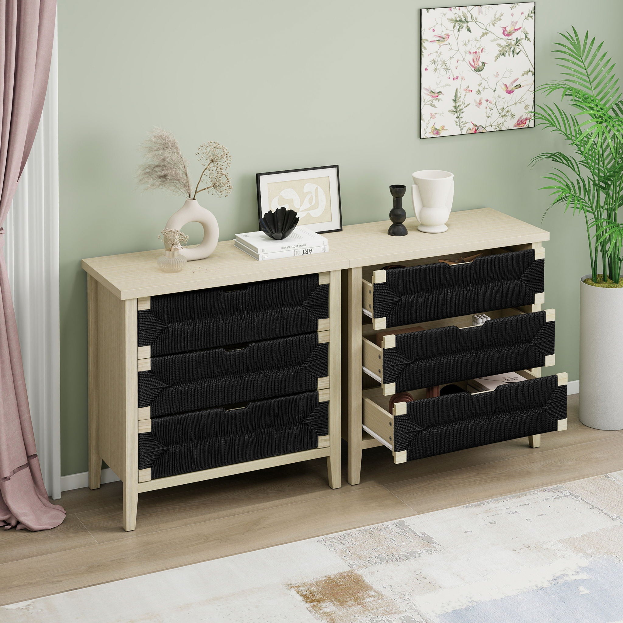 3 Drawer Buffet Sideboard With Adjustable Shelves, Storage Cabinet With Natural Seaweed Decor Doors For Living Room Kitchen Entryway - Natural - Best Buy Furniture