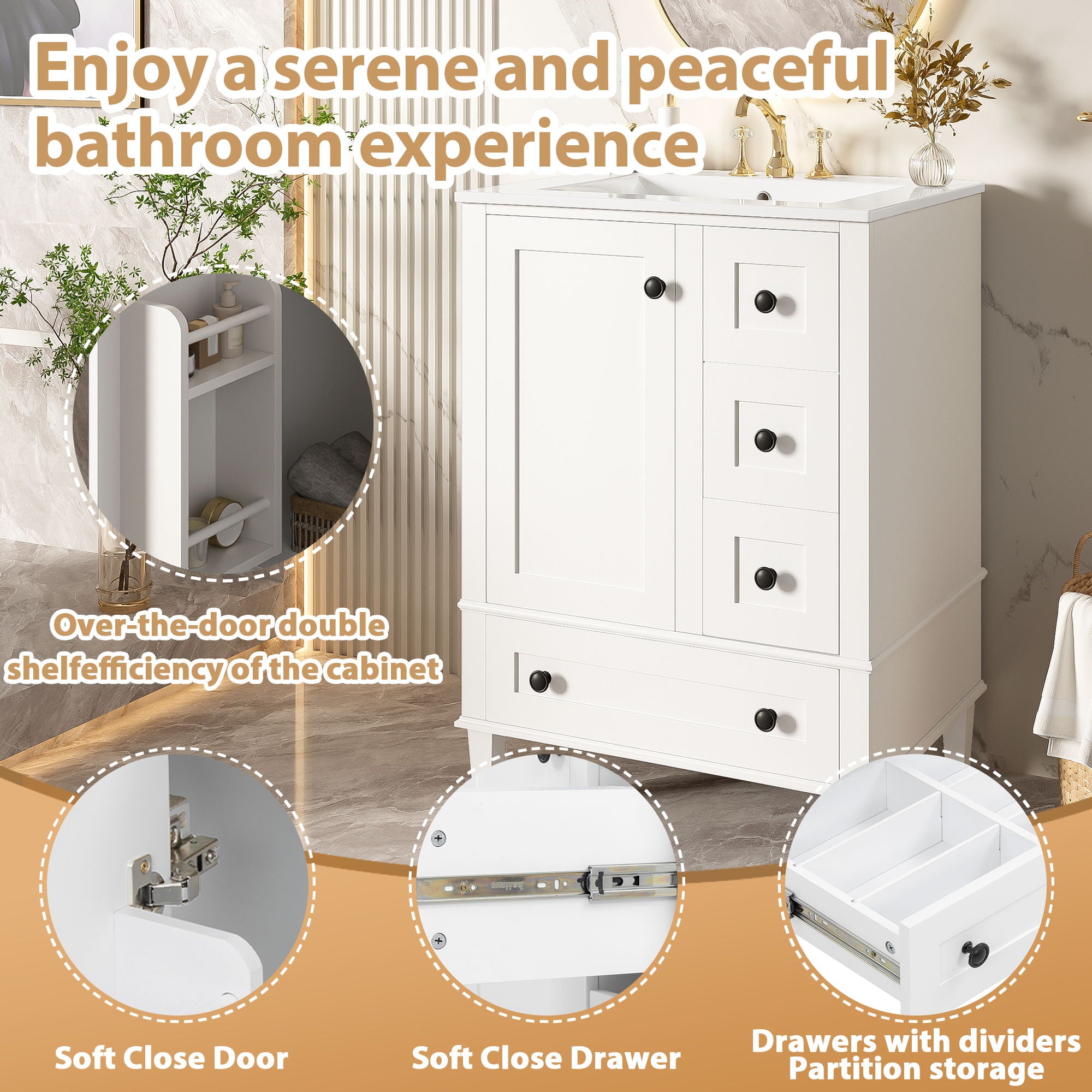 Bathroom Vanity With Integrated Basin, Soft Close Drawers, Door Mounted Double Layer Shelf