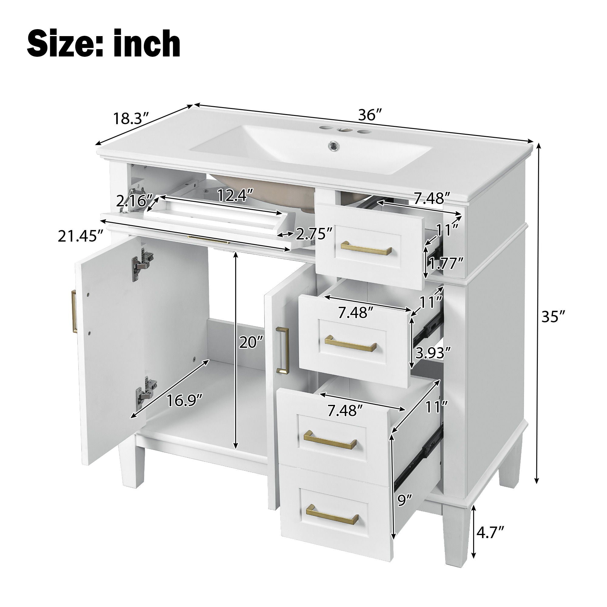 Bathroom Vanity With Sink, Soft Close Doors, And Storage Drawers, 36" - White