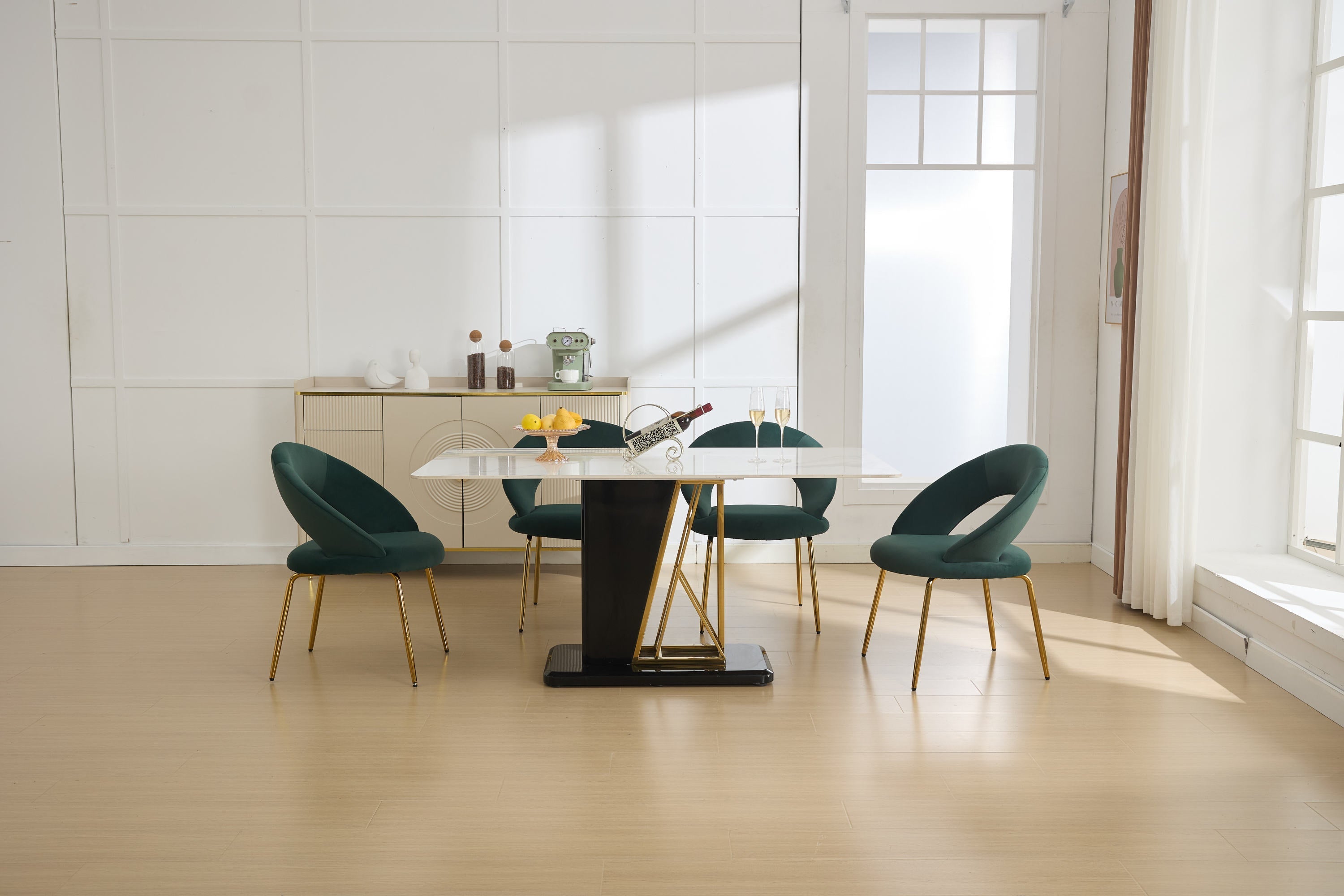 Velvet Fabric Dining Chair with Curved Backrest and Golden Metal Legs