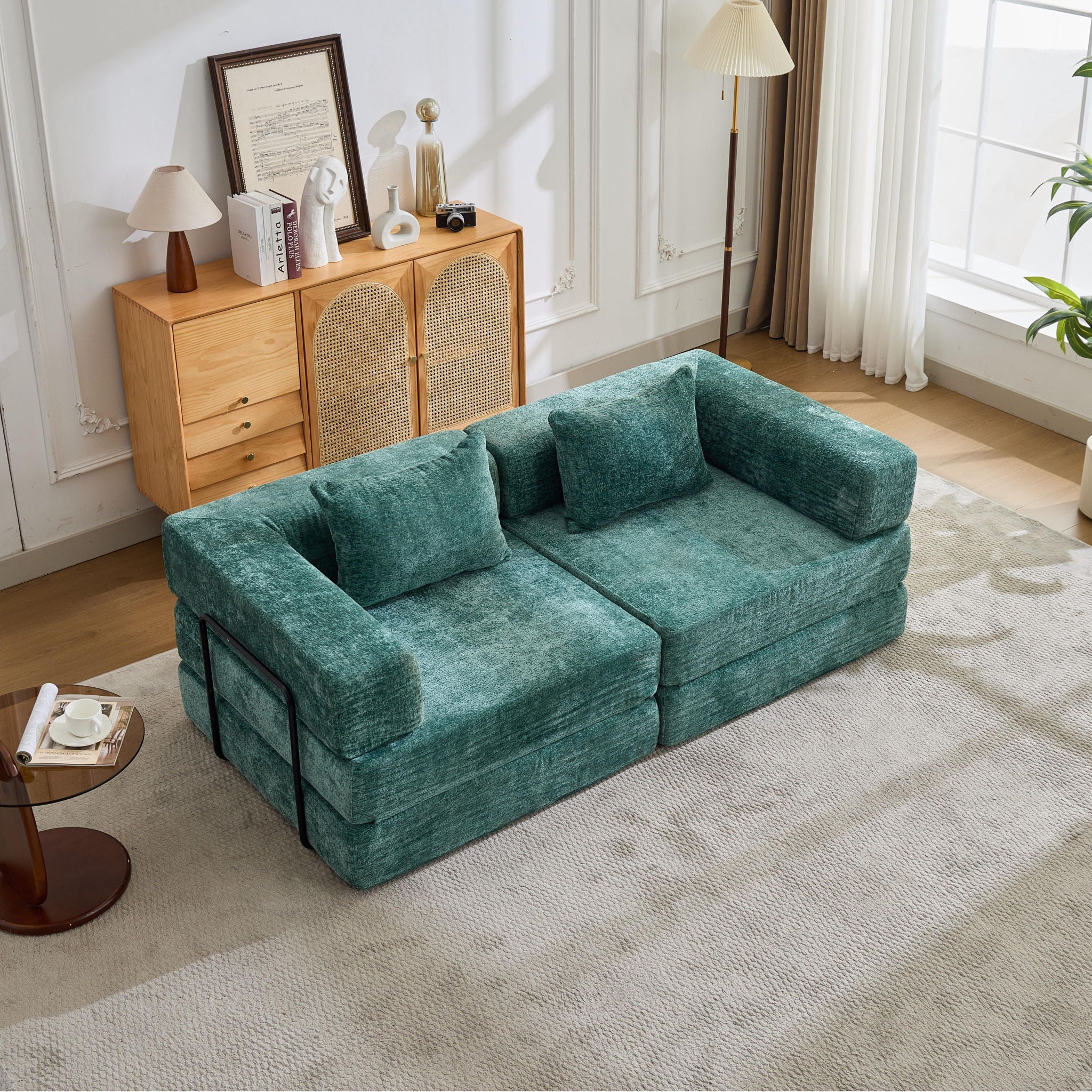 Convertible Floor Sofa Bed With Fixed Shape Frame, Loveseats Boneless Modular Sectional, For Living Room - Dark Green