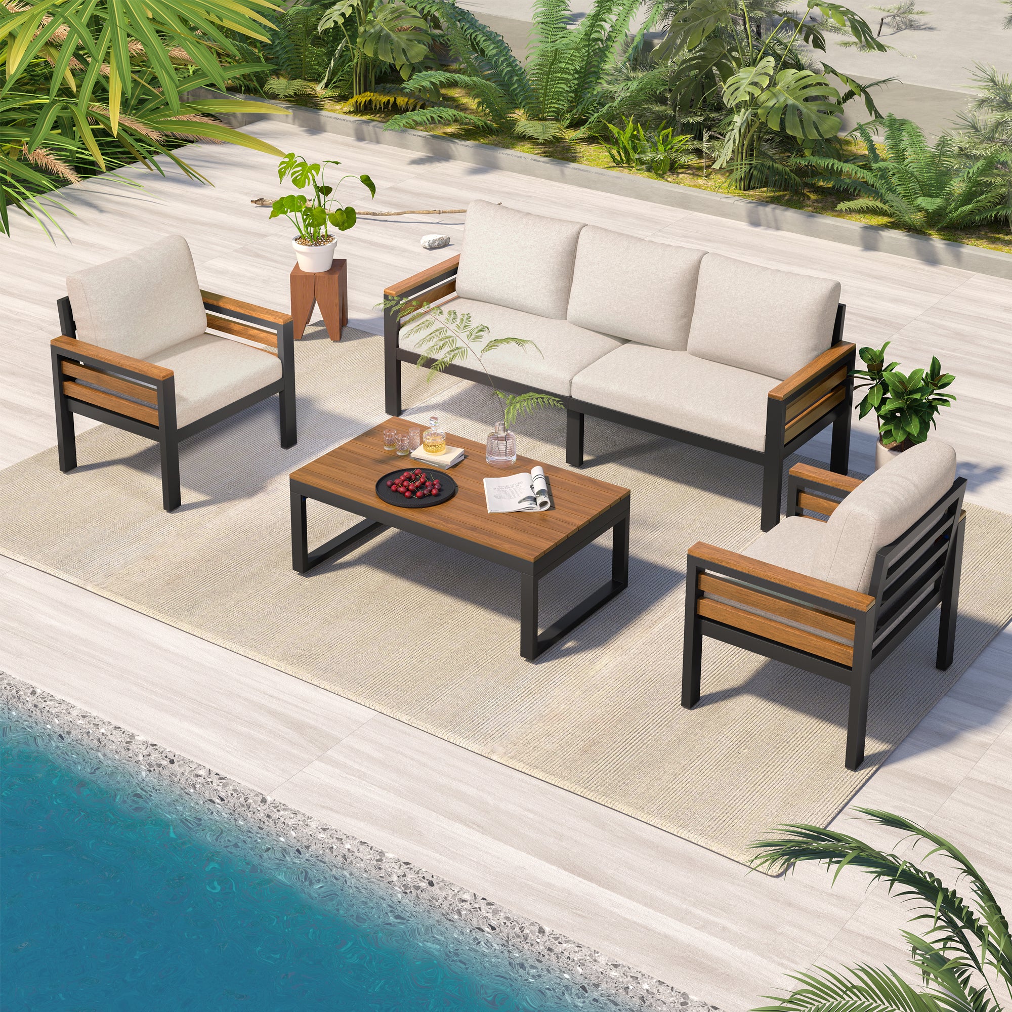 4-Piece Outdoor Furniture Sofa Set with Acacia Wood Armrests, Solid Wood Coffee Table
