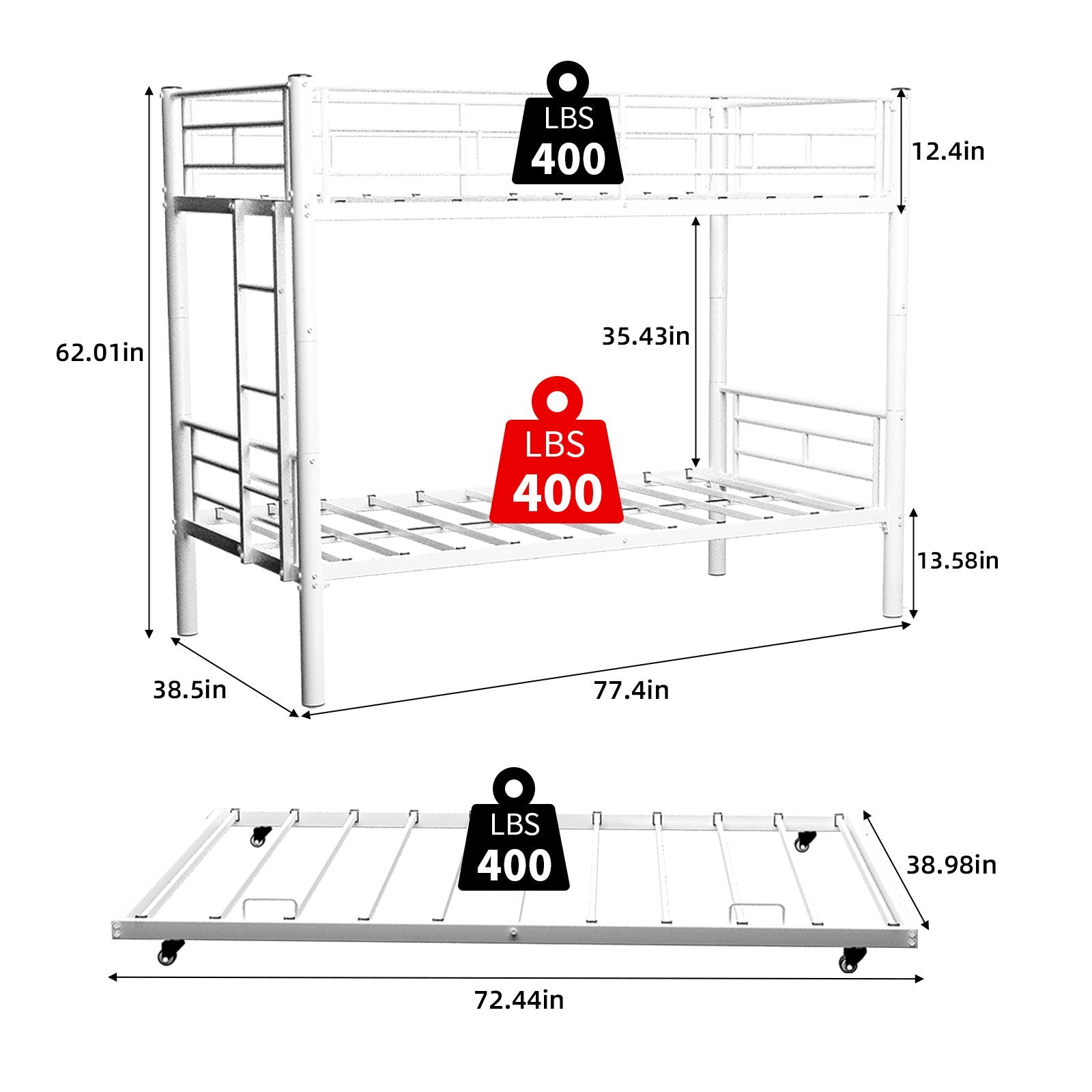 Bunk Bed For Kids, Convertible Frame With Ladders & Guardrail