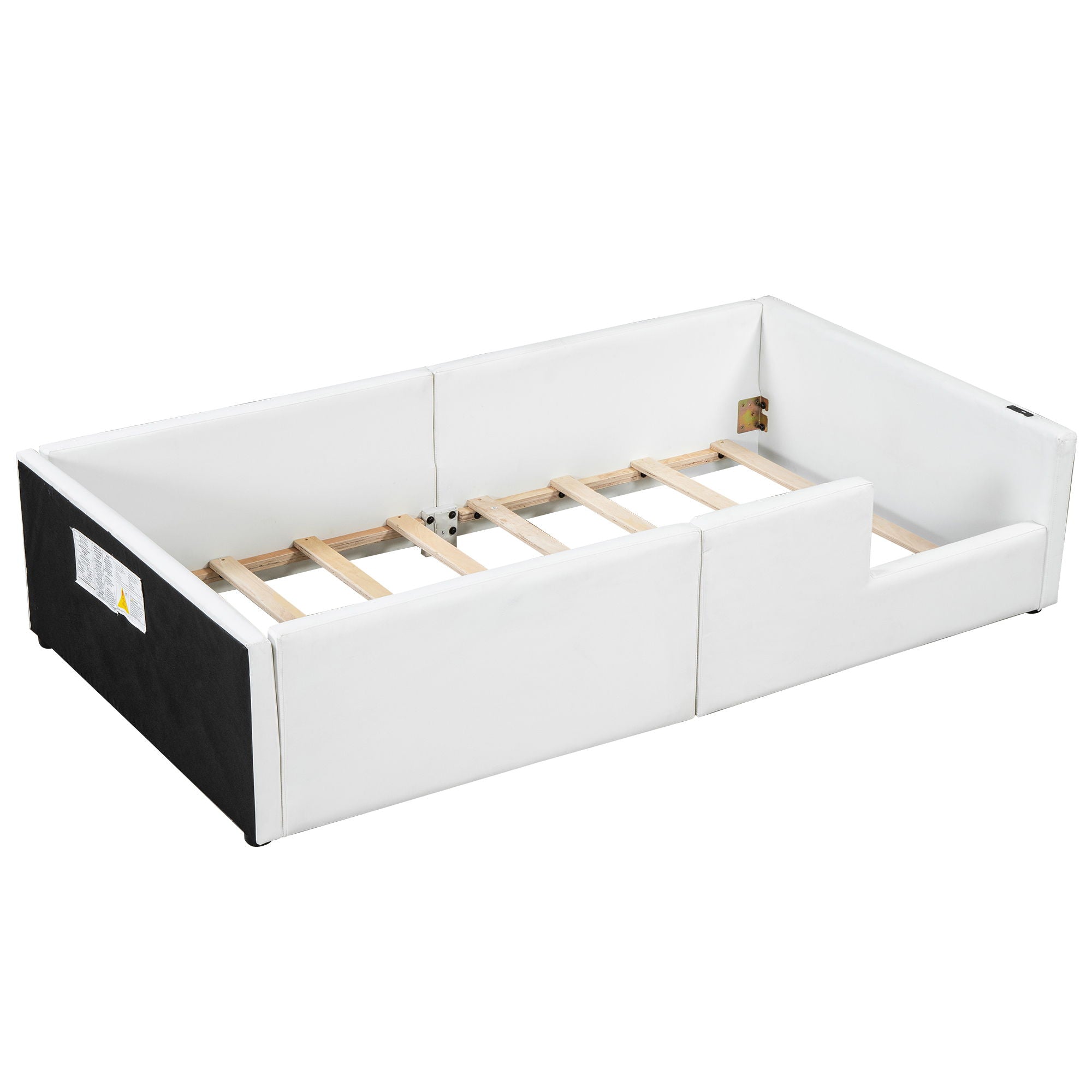 Twin Size Upholstered Platform Bed With Guardrail And Charging Station - White