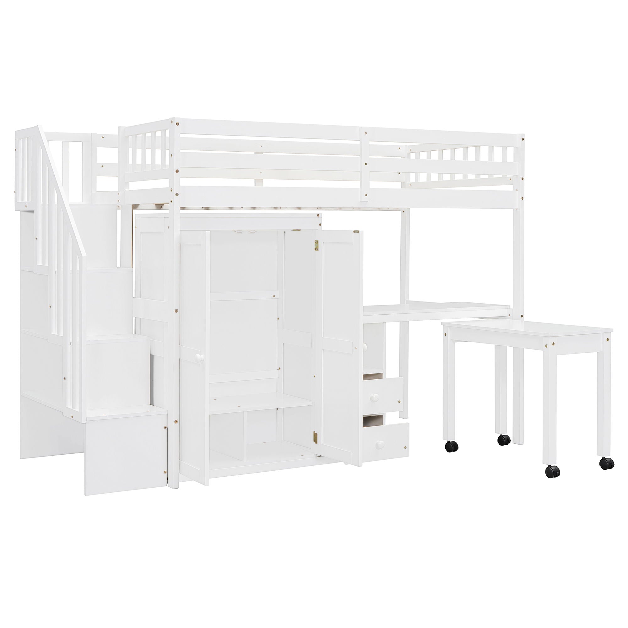 Loft Bed With Stairs, Bookshelf, Drawers, Desk & Wardrobe, Space Saving Multifunctional Furniture