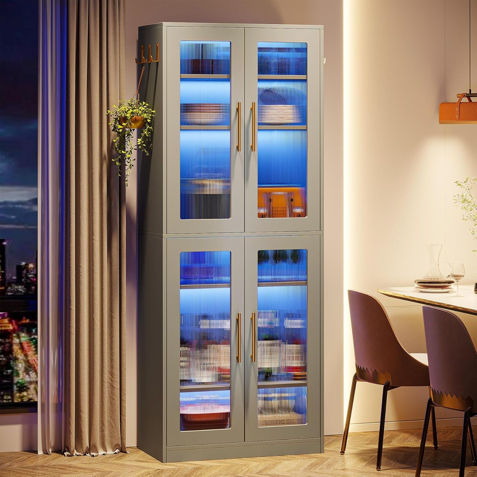 Bookcase With Doors And LED Lighting, 8 Adjustable Shelves Storage Cabinet