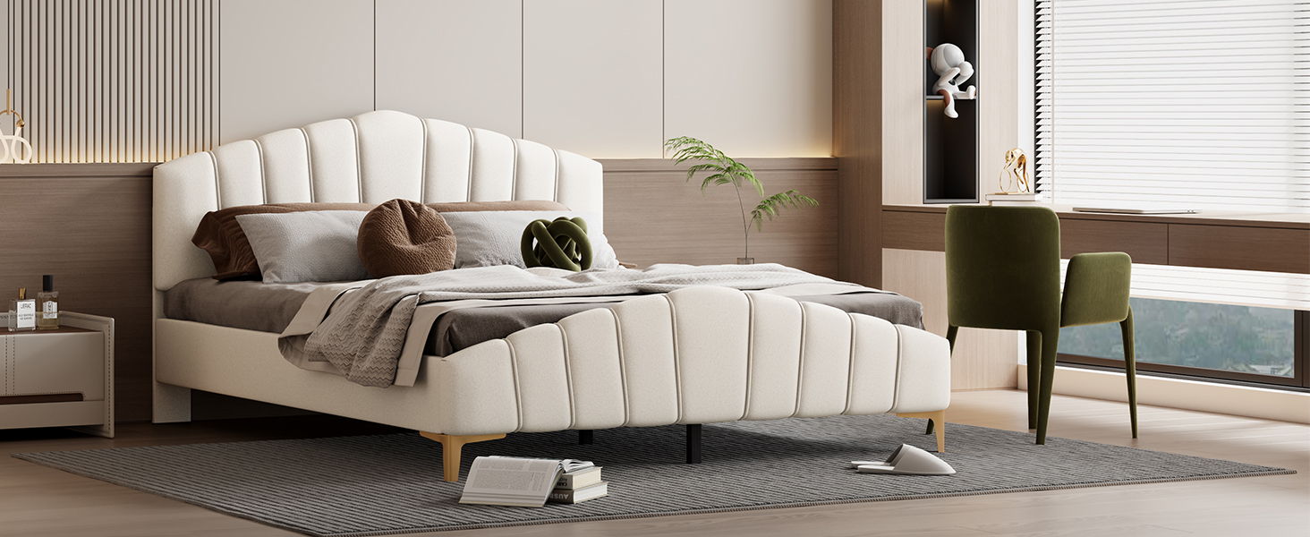 Platform Bed With Thick, Stylish Stripe Decorated Bedboard And Elegant Leg