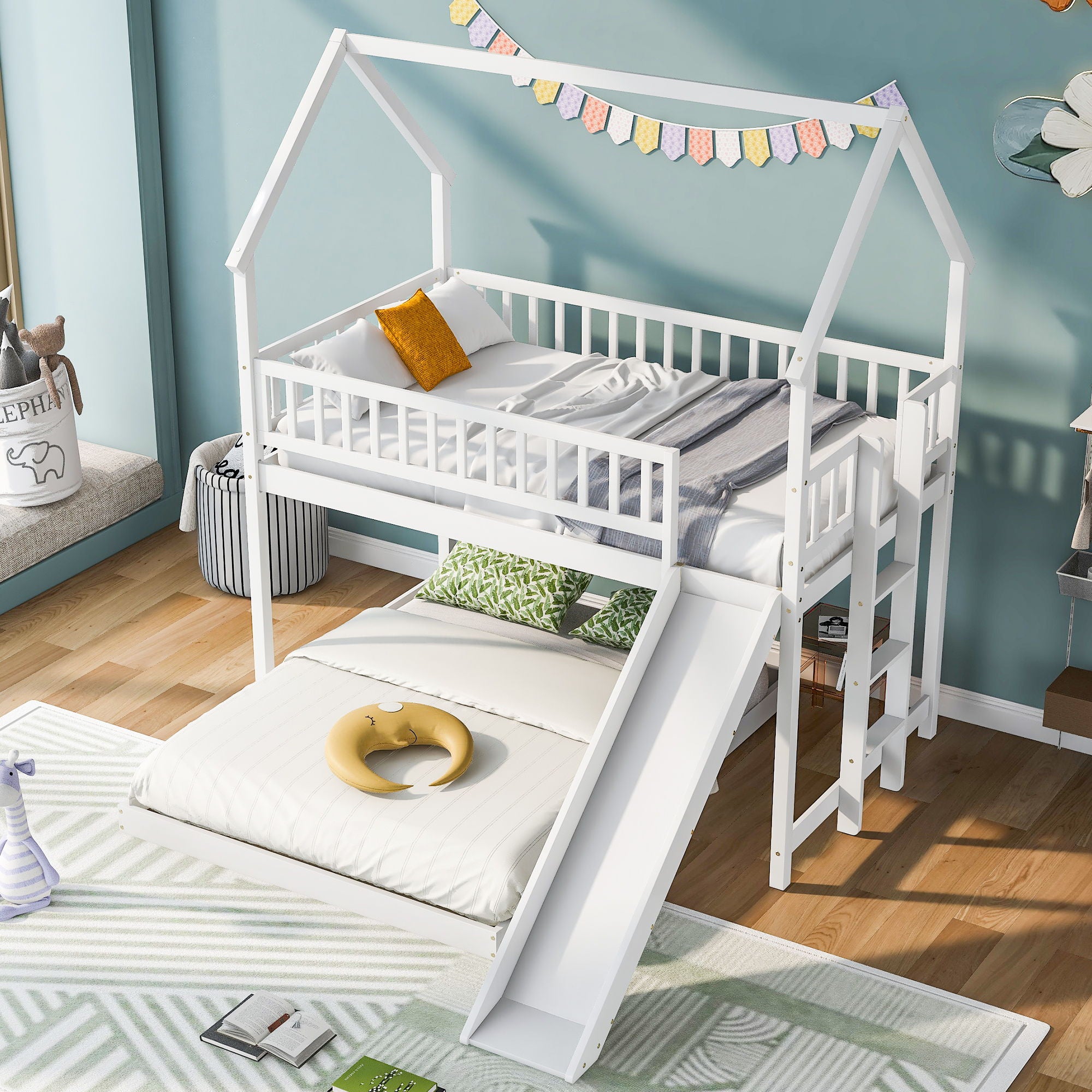 House Bunk Bed With Slide And Built In Ladder