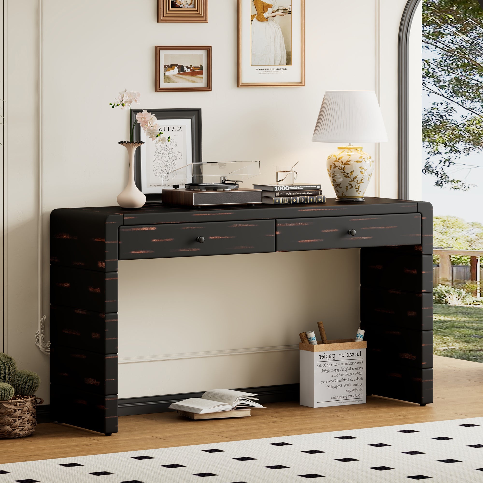 Curved Console Table with Storage, Distressed Black