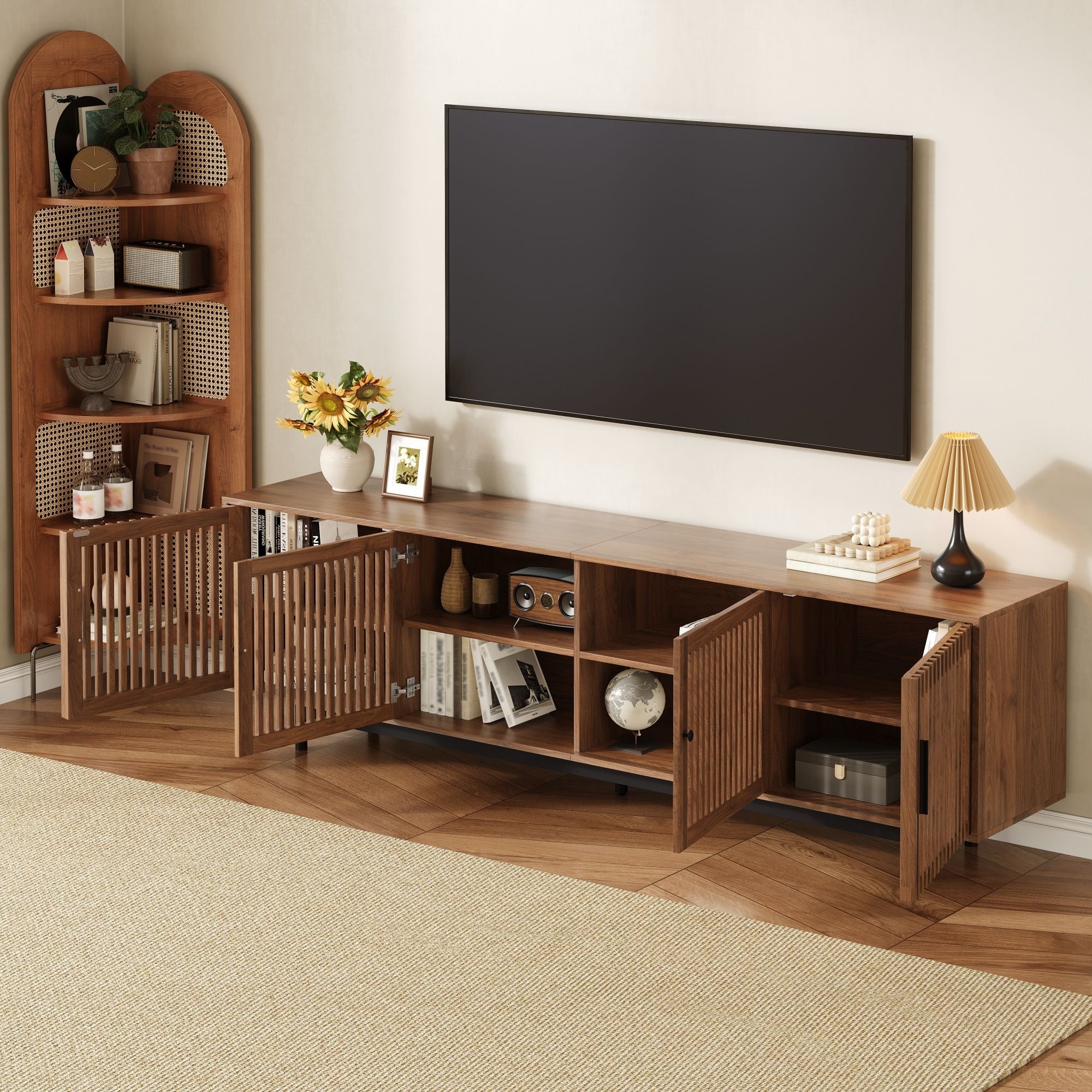 TV Stand For TVs, Entertainment Center With Closed Storage & Cable Management, Soft Closing Hinges - Walnut