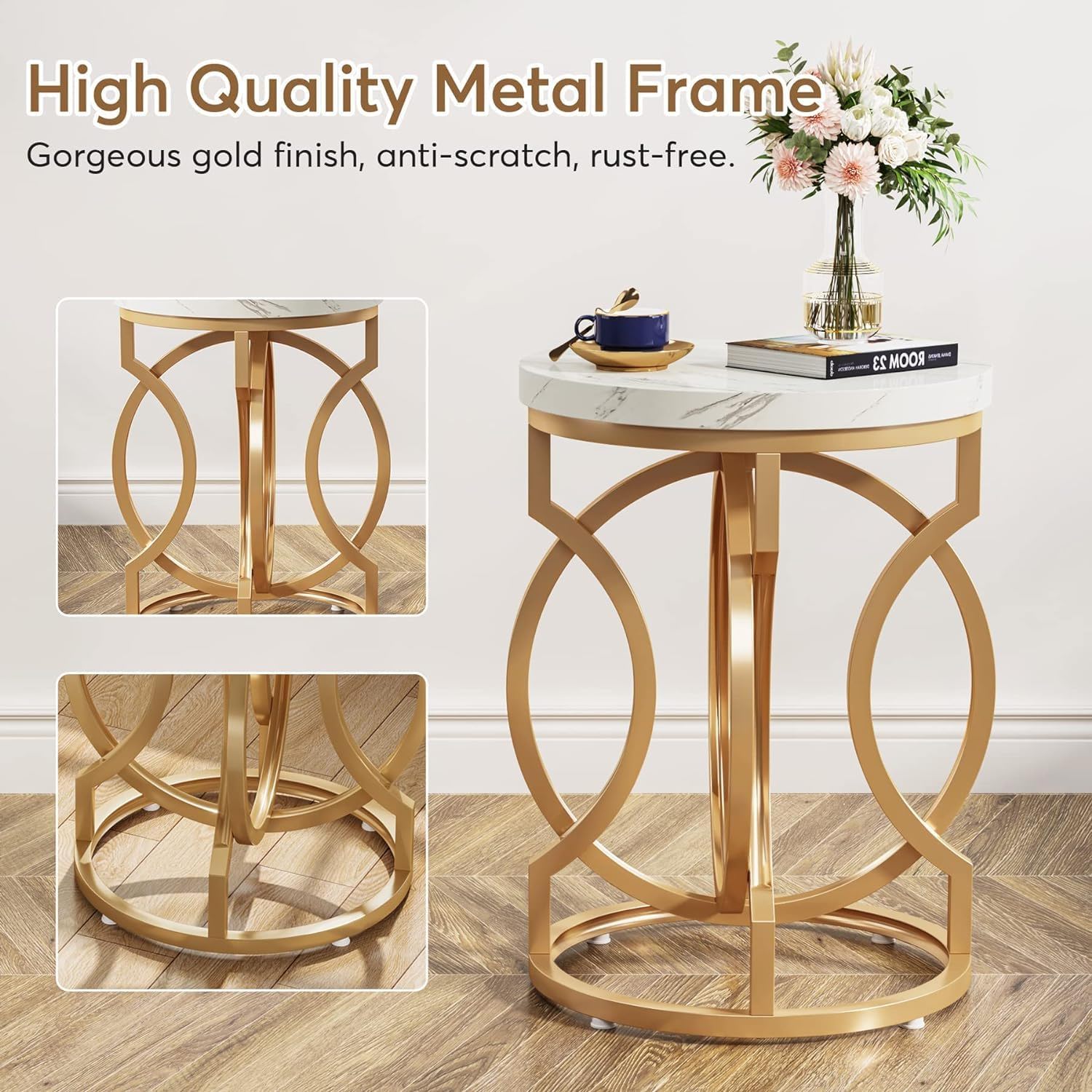 Round End Table With O-Shaped Base - White / Gold