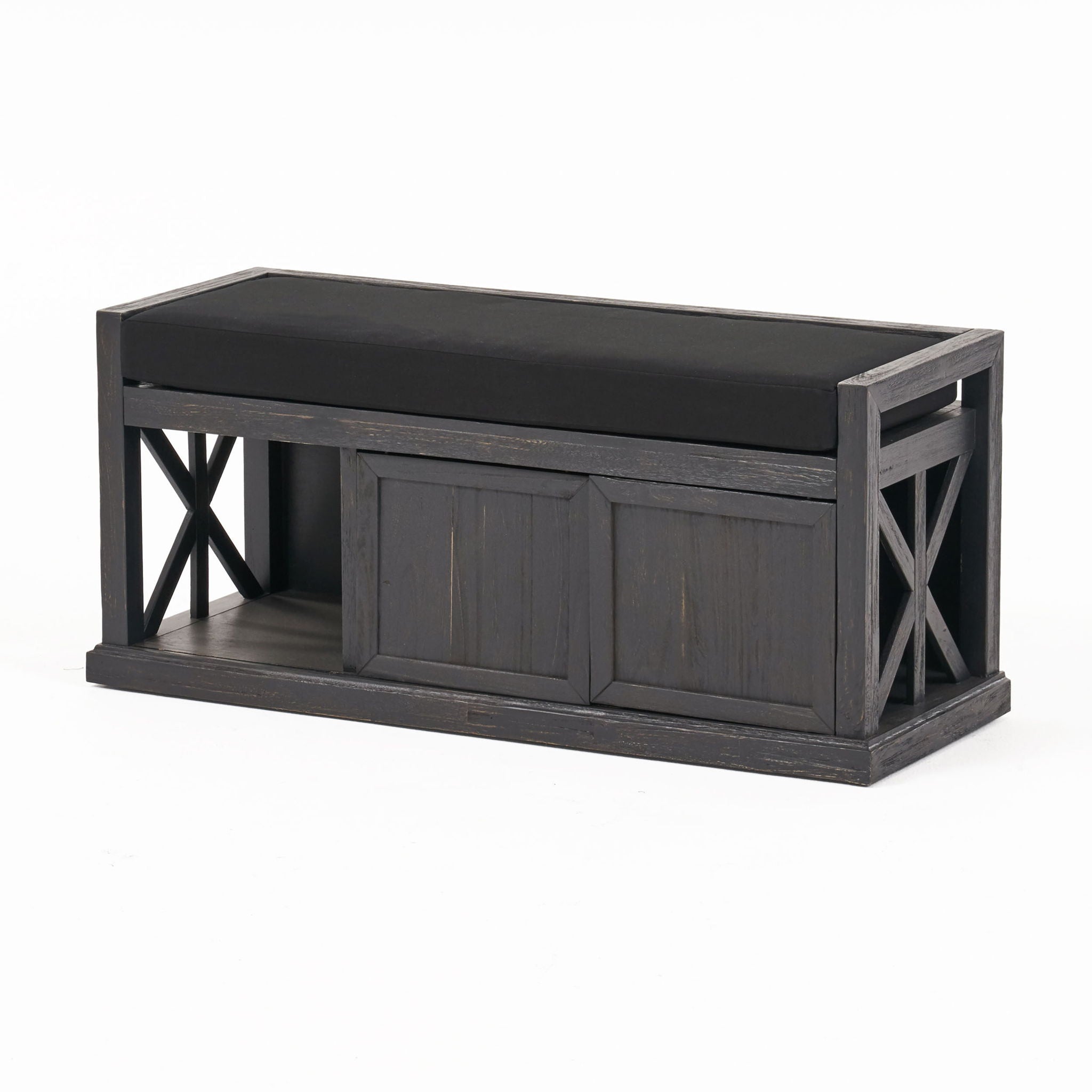 Wood Bench With 2 Open Shelves And Water Resistant Cushion - Dark Gray