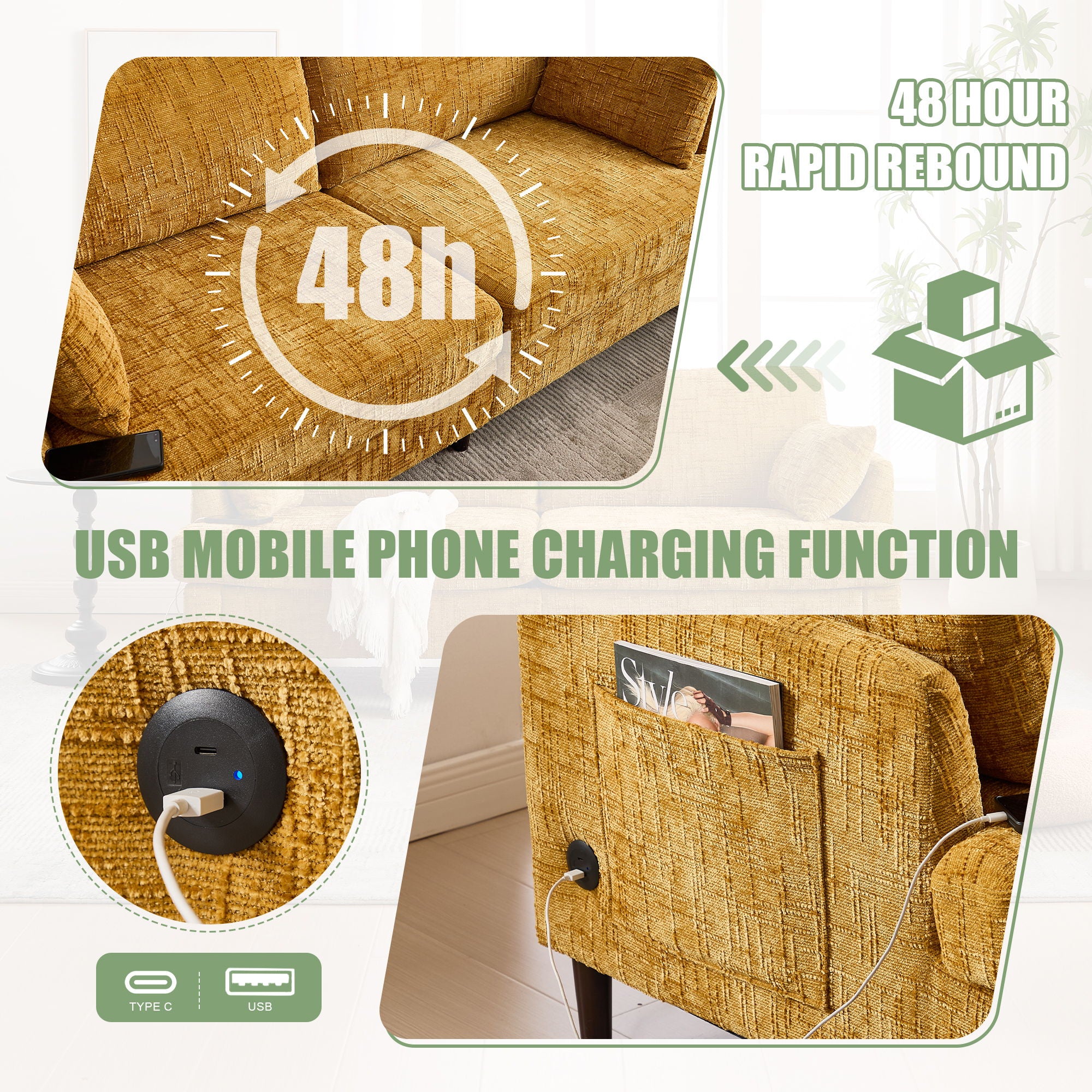 Chenille 2 Seater Sofa With LED Light, USB Charging Port, And Storage Bag