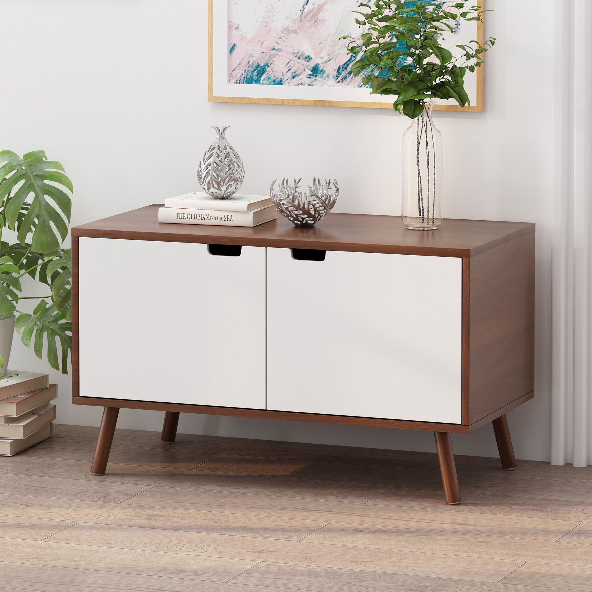 Modern 2 Door Cabinet End Table - White / Walnut