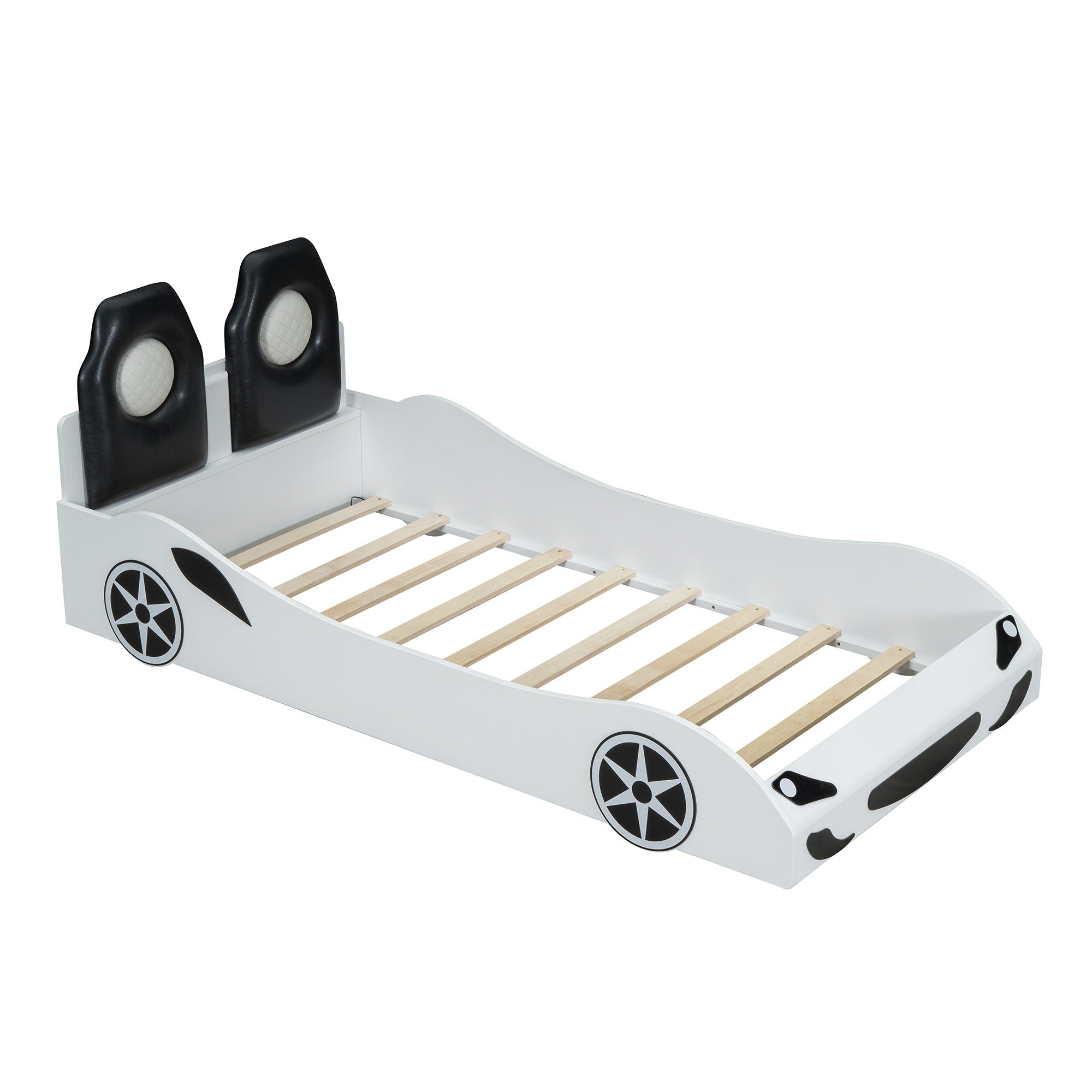 Race Car Shaped Platform Bed With LED And Upholstered Backrest In