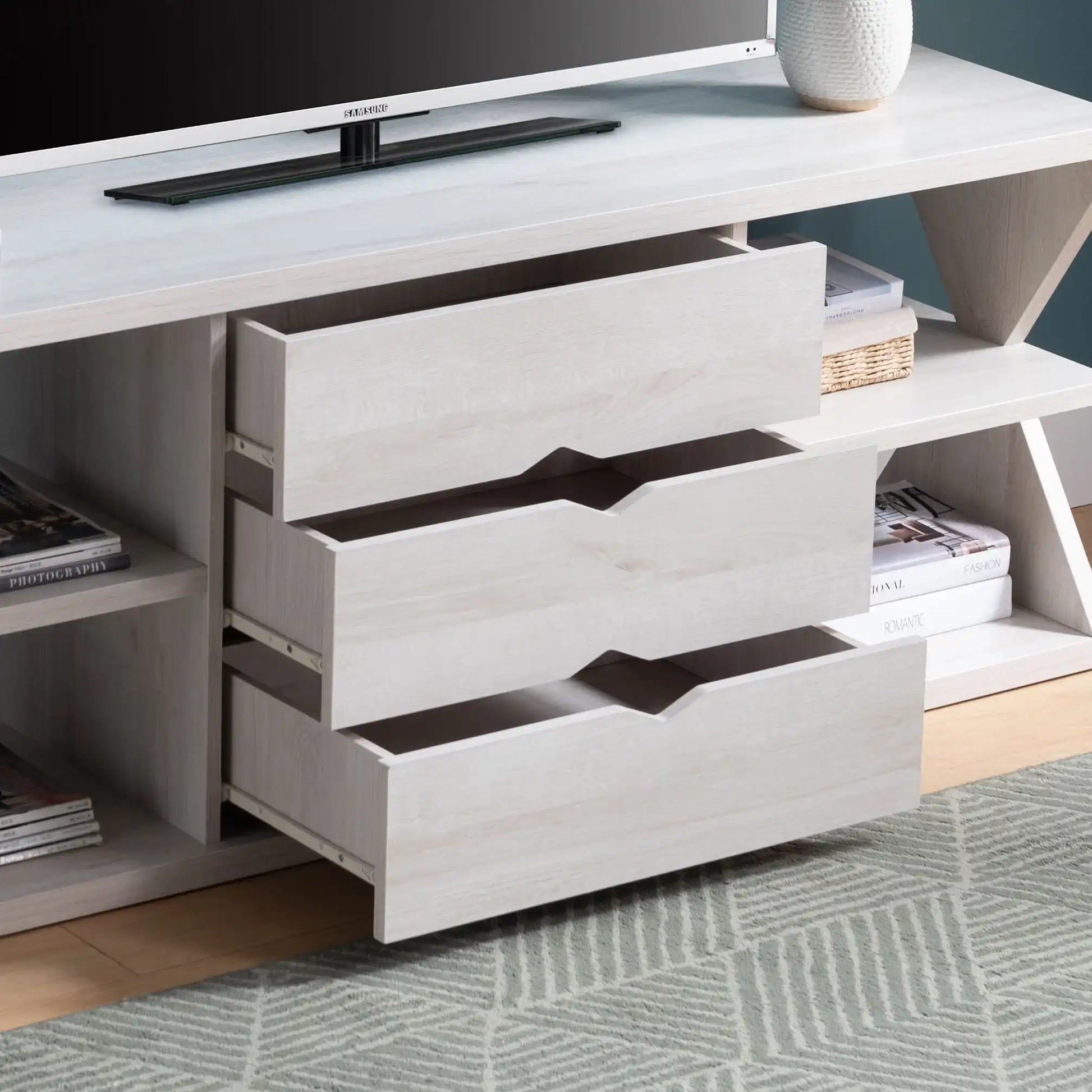 Modern TV Stand With Four Open Shelves And Three Storage Drawers - White Oak - Best Buy Furniture
